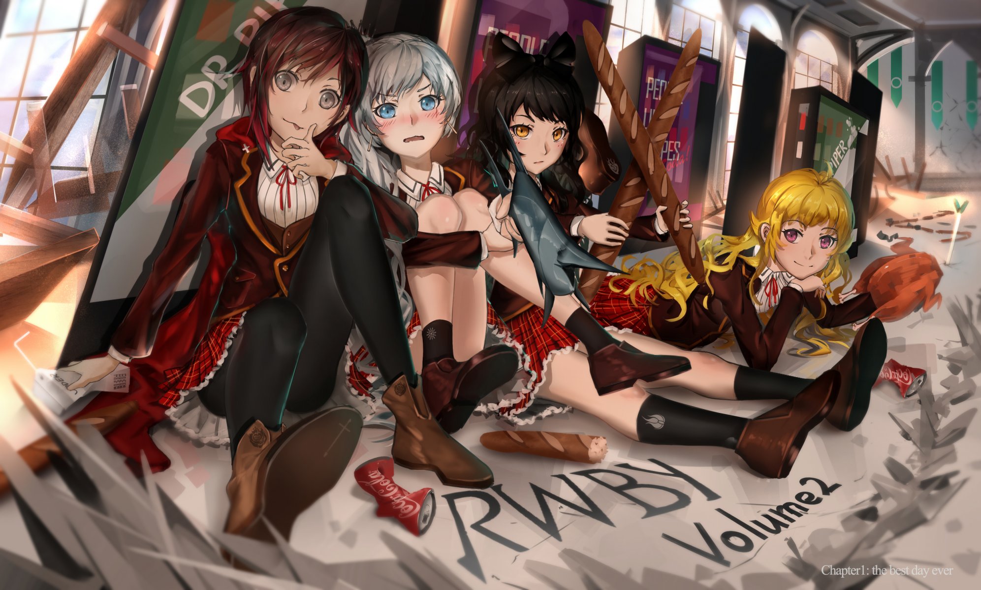 kunst inlufi anime rot weiß schwarz gelb blake belladonna ruby rose weiss schnee yang xiao lang mädchen baguette coca-cola automaten