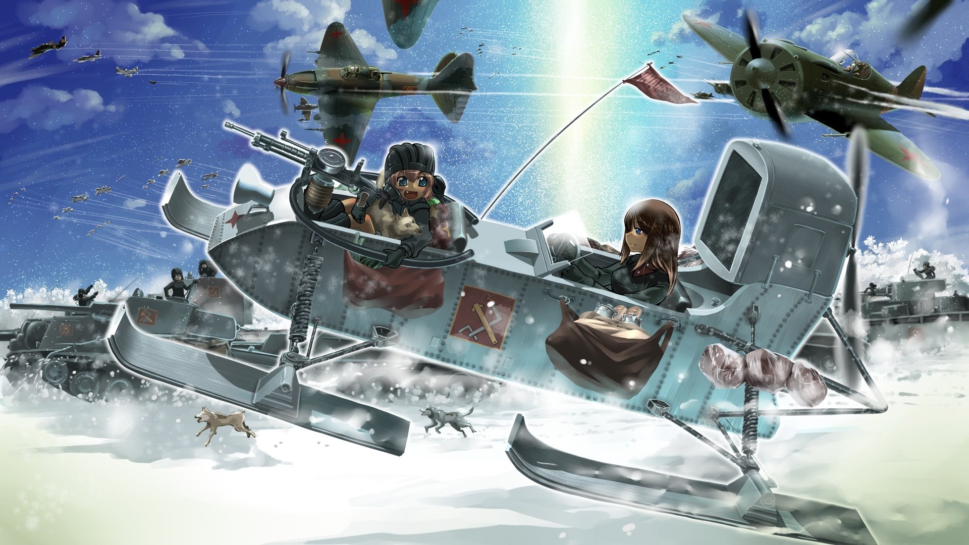 art r-ex girls und panzer girls tanks planes dogs snow military campaign