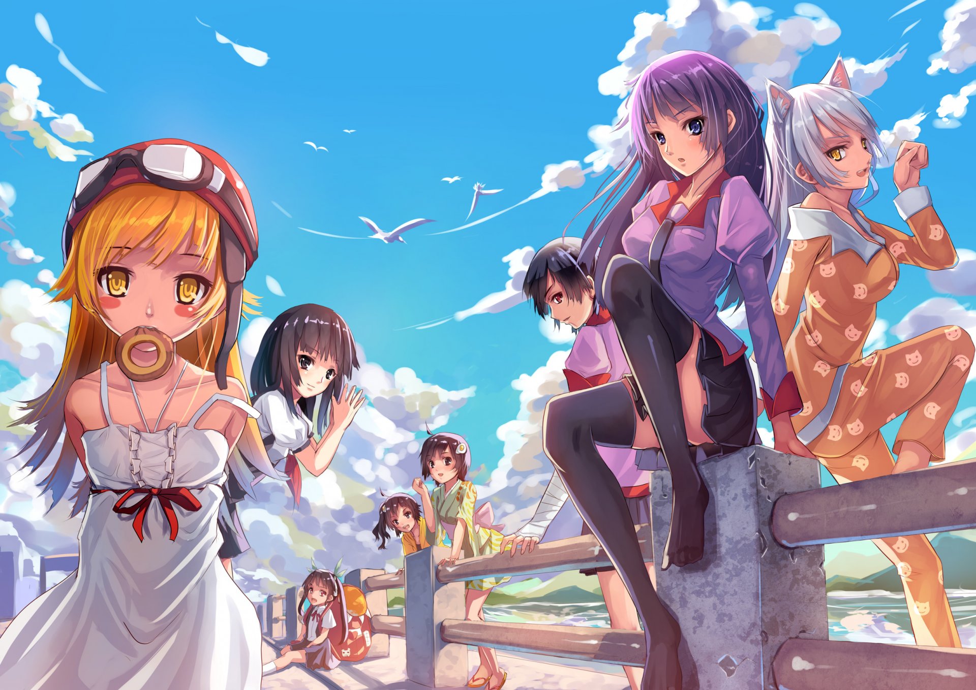 art weiyinji xsk girls araragi karen araragi tsukihi hanekawa tsubasa kanbaru suruga oshino shinobu sengoku nadeko senjougahara hitagi view smile one ears rails sea bakemonogatari