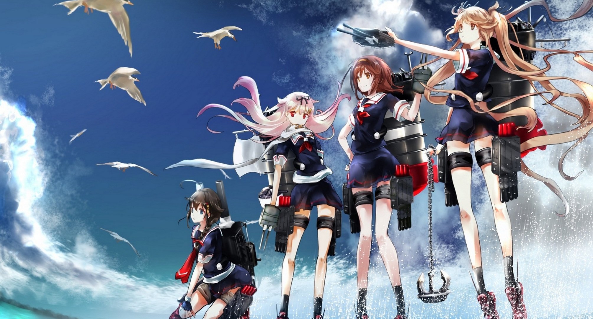 art renon tenle collection kantai murasame shigure shiratsuyu yuudachi filles ciel nuages armes oiseaux anime