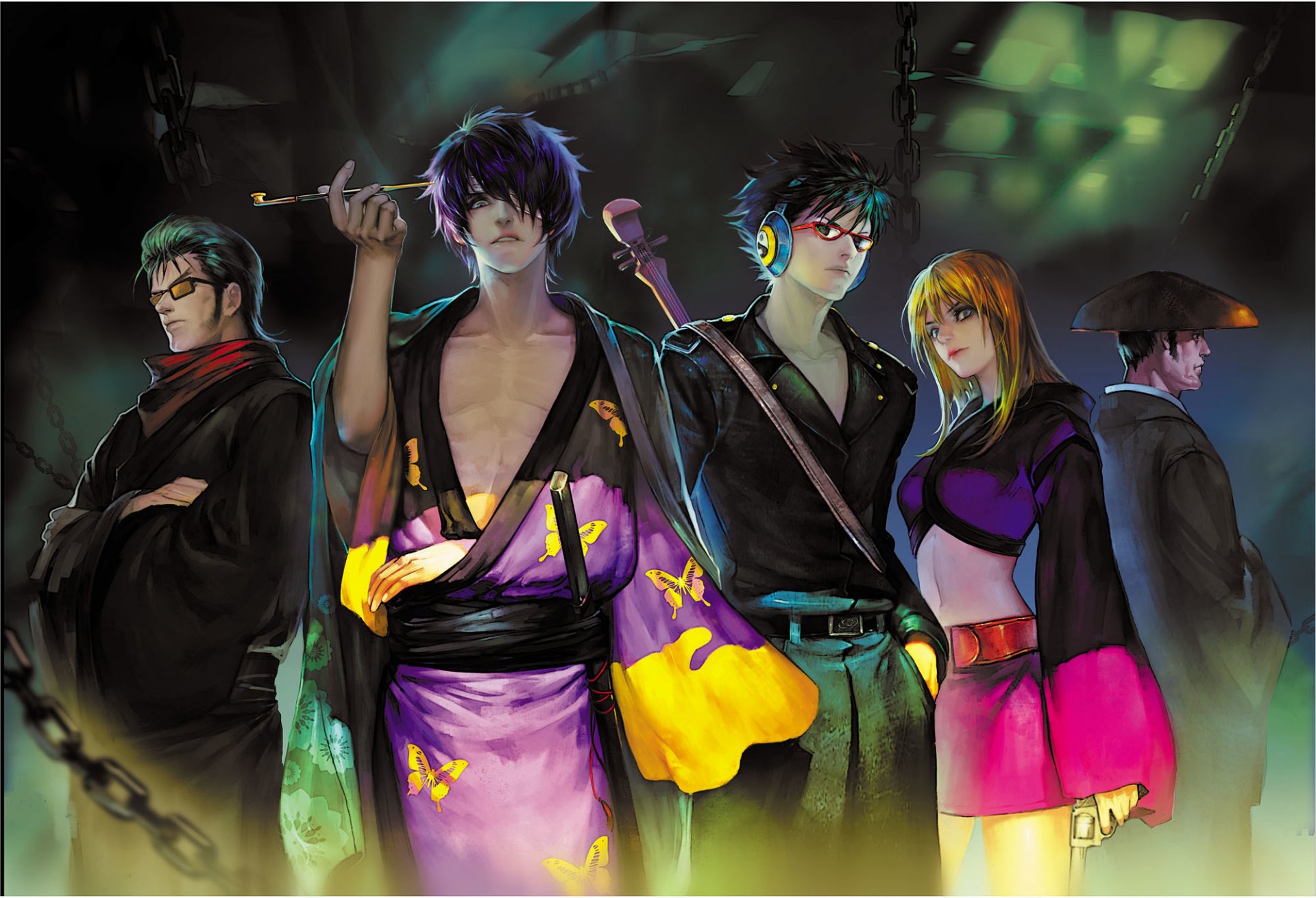 art elna gintama takasugi shinsuke kawakami bansai kijima matako okada nizou takechi henpeita girl man kimono tube weapon gun hat sunglasses circuit headphone