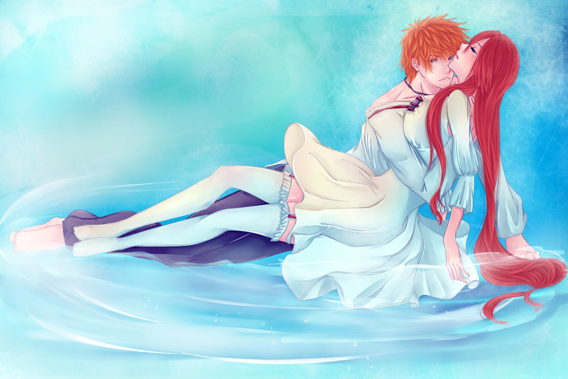 arte iwonn anime lejía inoue orihime ichigo kurosaki chica chico medias pareja agua