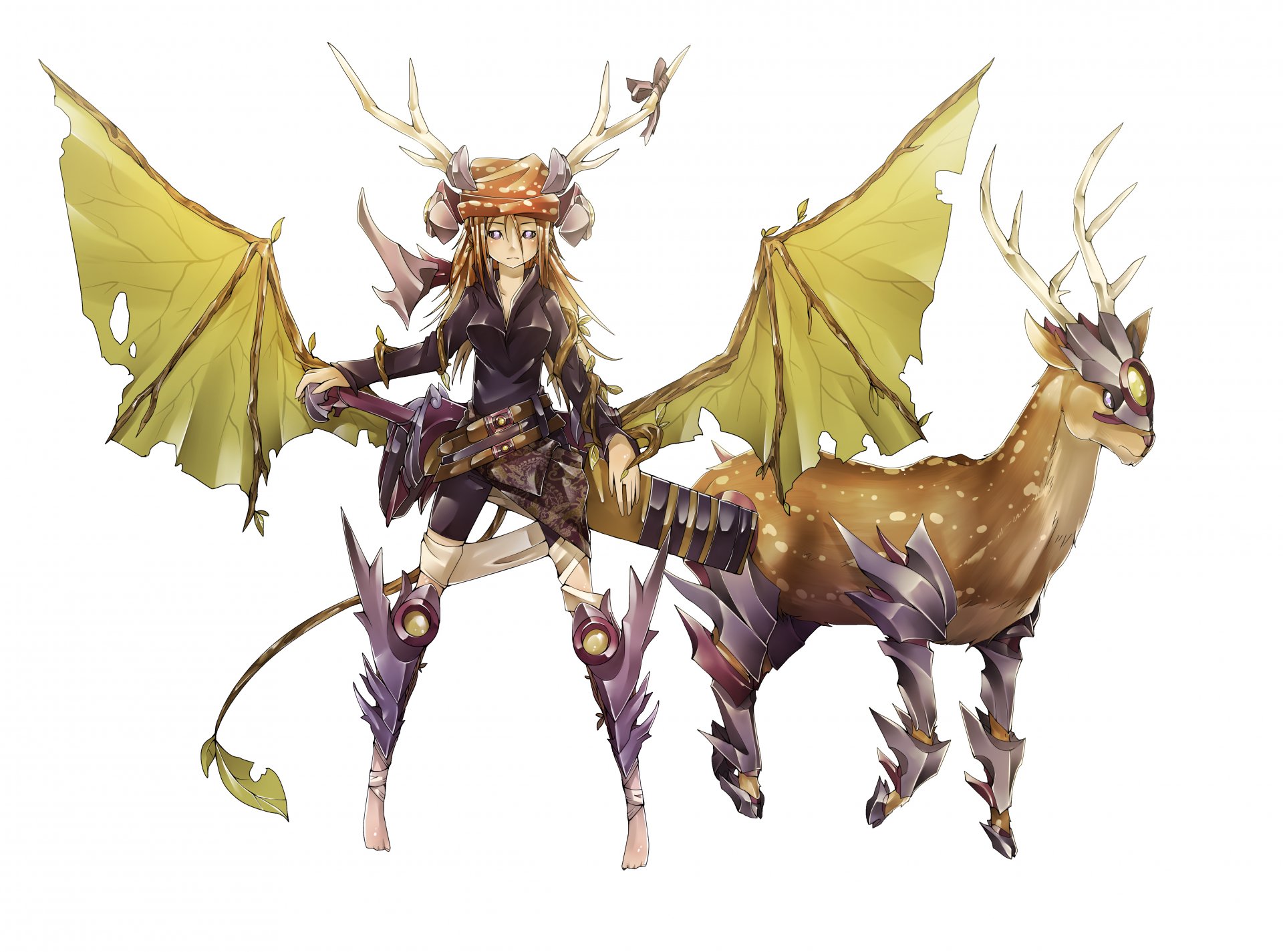 art sinlaire fille cornes ailes animal arme cerf armure anime