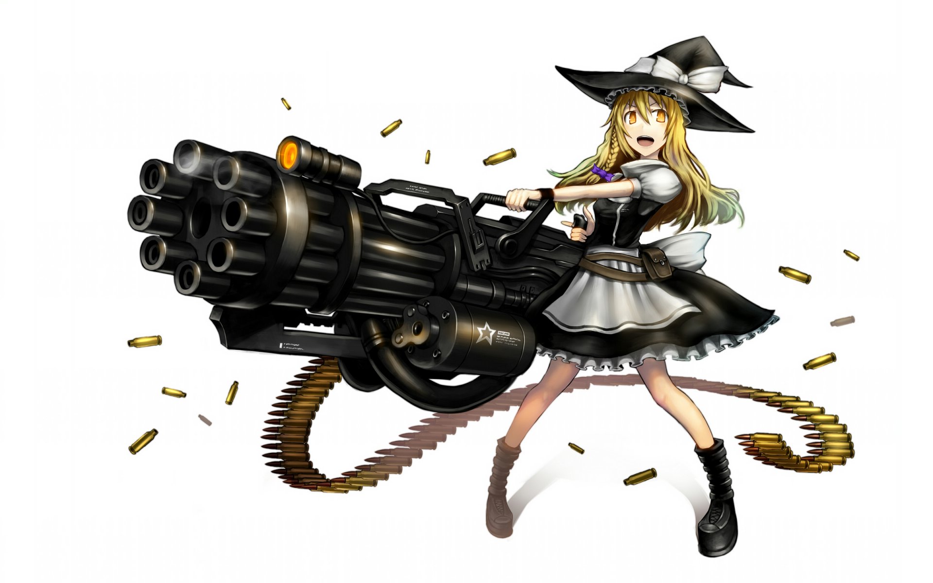 sztuka gia marisa kirisame touhou dziewczyna kapelusz gatling machine gun broń łuski anime gra