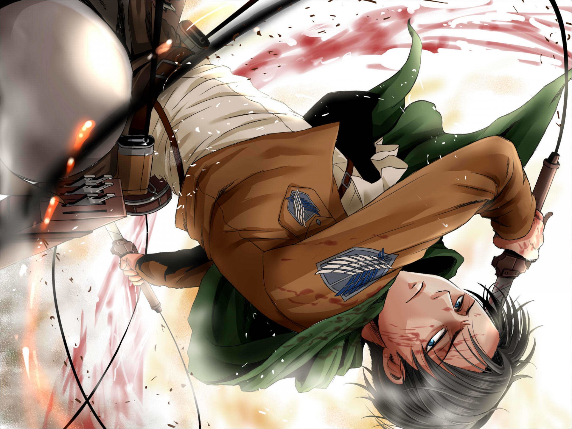 arte chico rivaille mirada cuchillas sangre chispas vuelo soldado no shingeki no kyojin