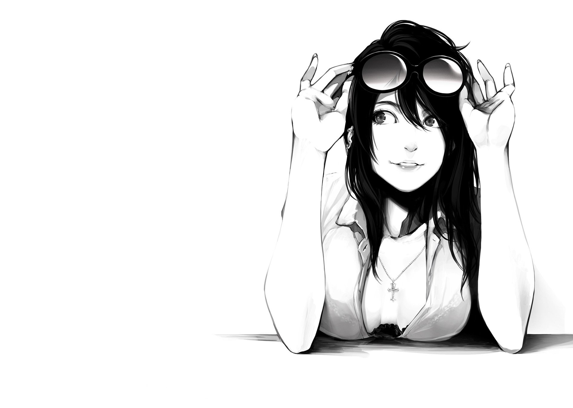 art poaro girl smile sunglasses gesture breasts monochrome