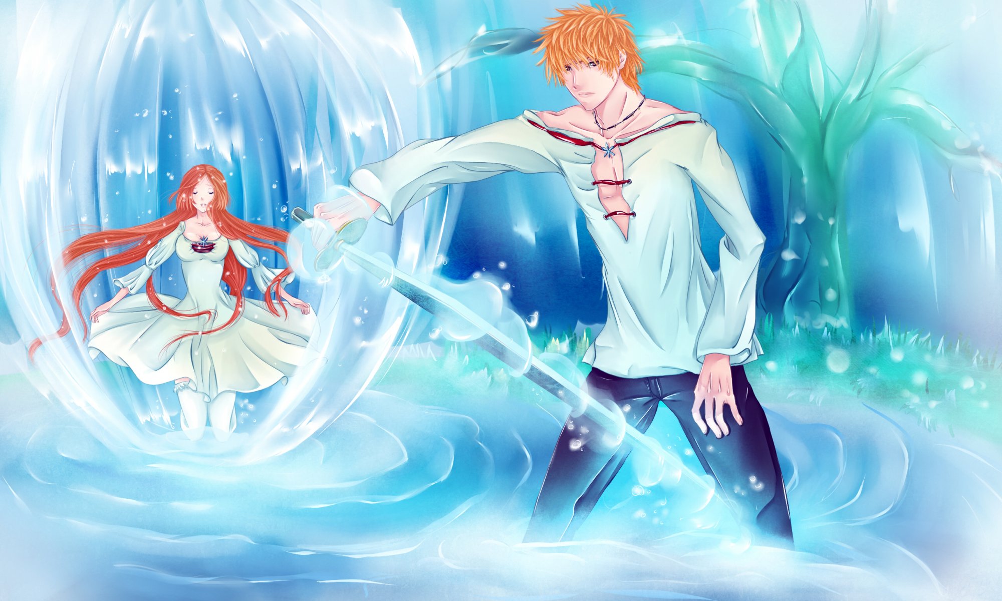 art iwonn anime eau de javel ichigo kurosaki inoue orihime fille gars eau épée arme bois