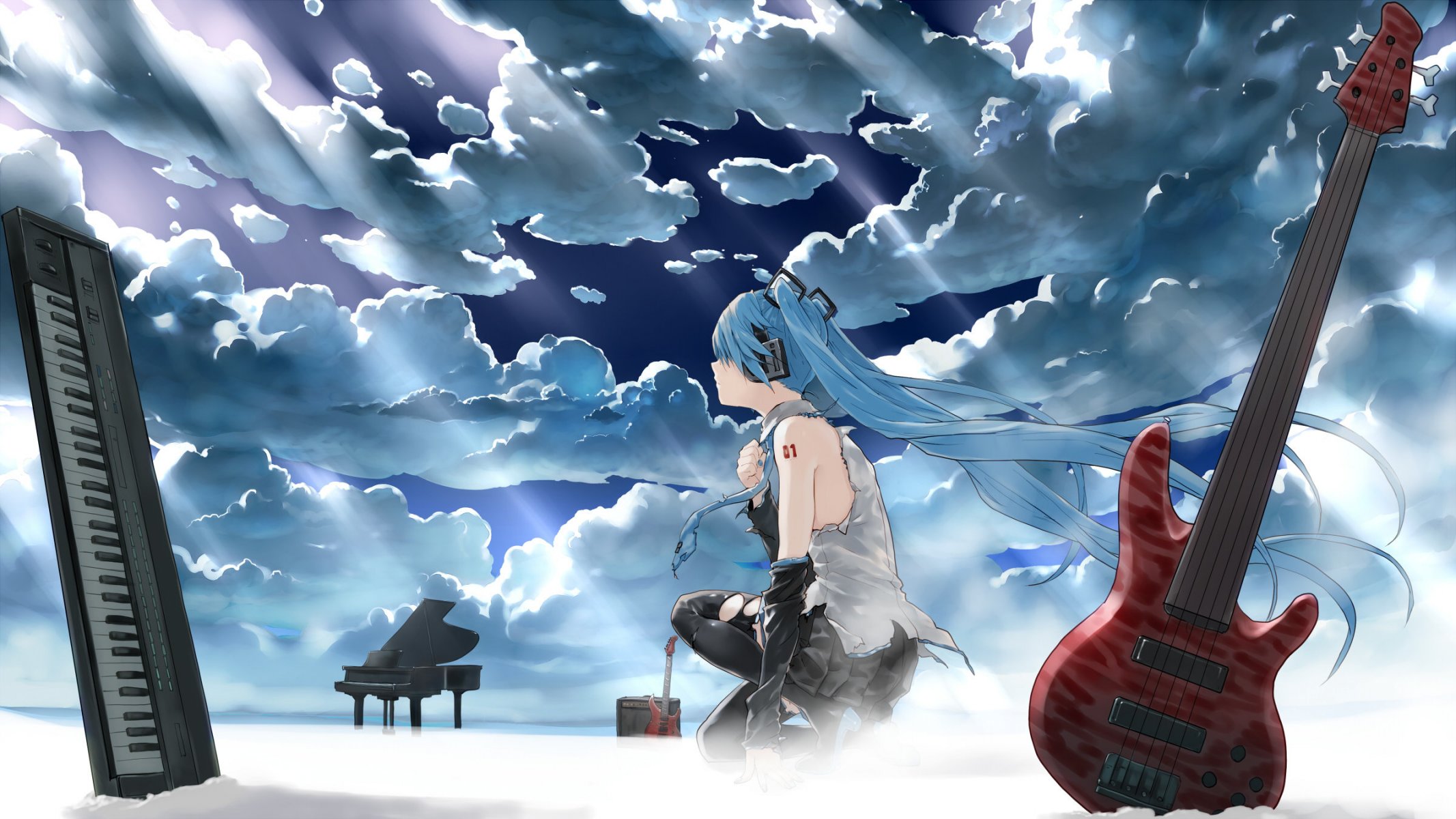 arte bob biyonbiyon hatsune miku vocaloid chica guitarra cielo nubes luz instrumentos sintetizador piano auriculares