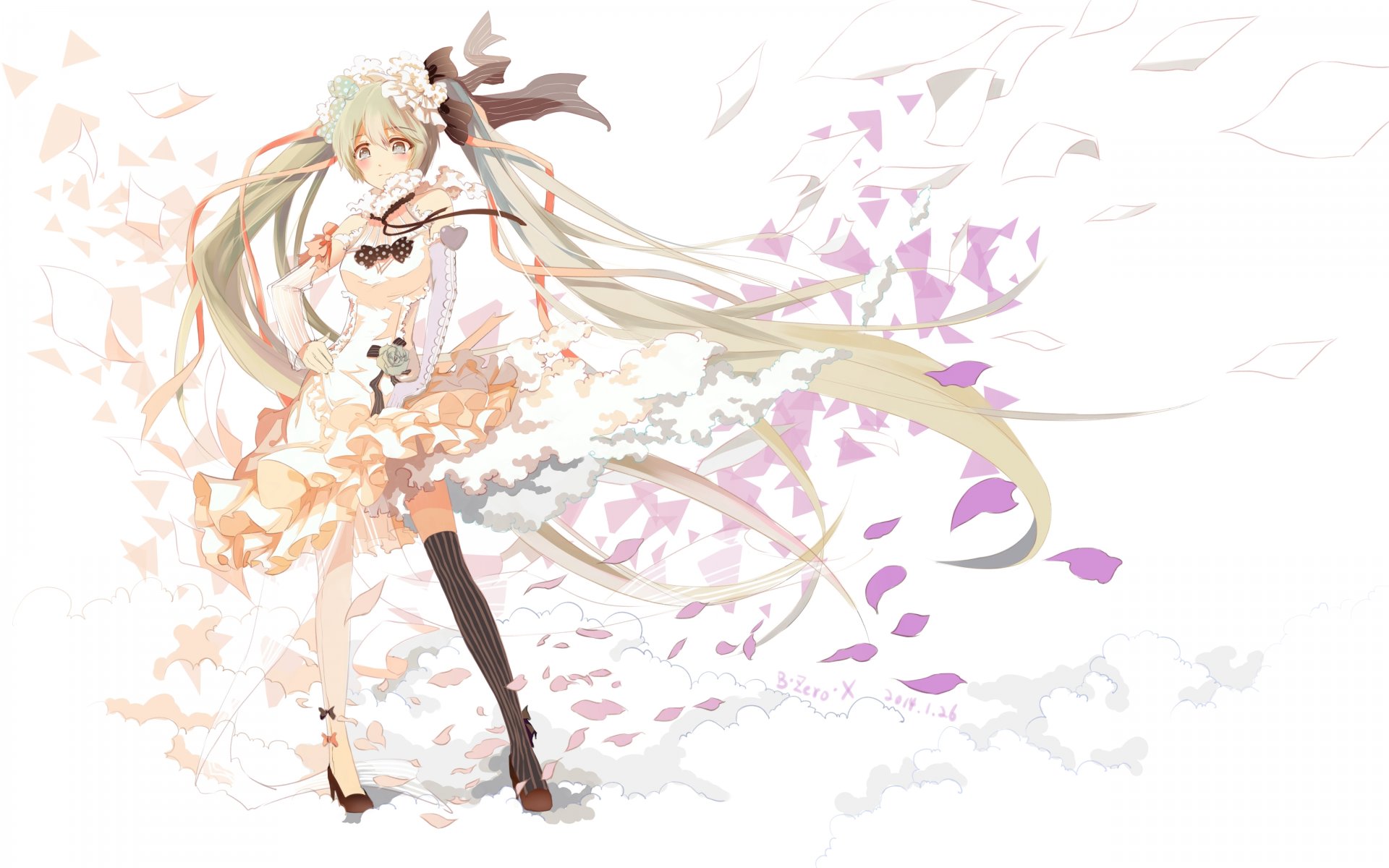 art zerox vocaloid hatsune miku fille pétales fleurs roses coeur