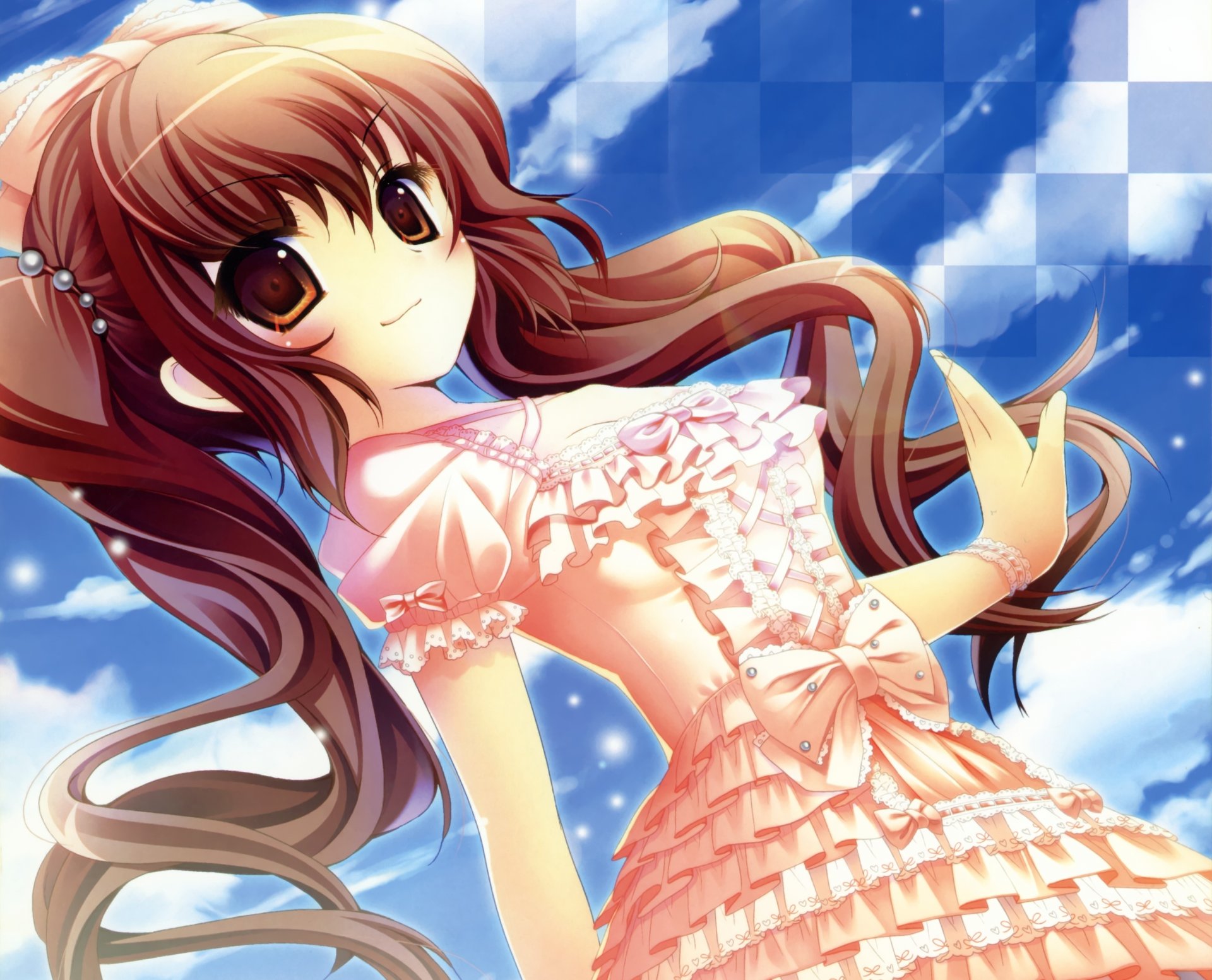 arte touhou himekaidou hatate ragazza cielo nuvole vestito arco anime