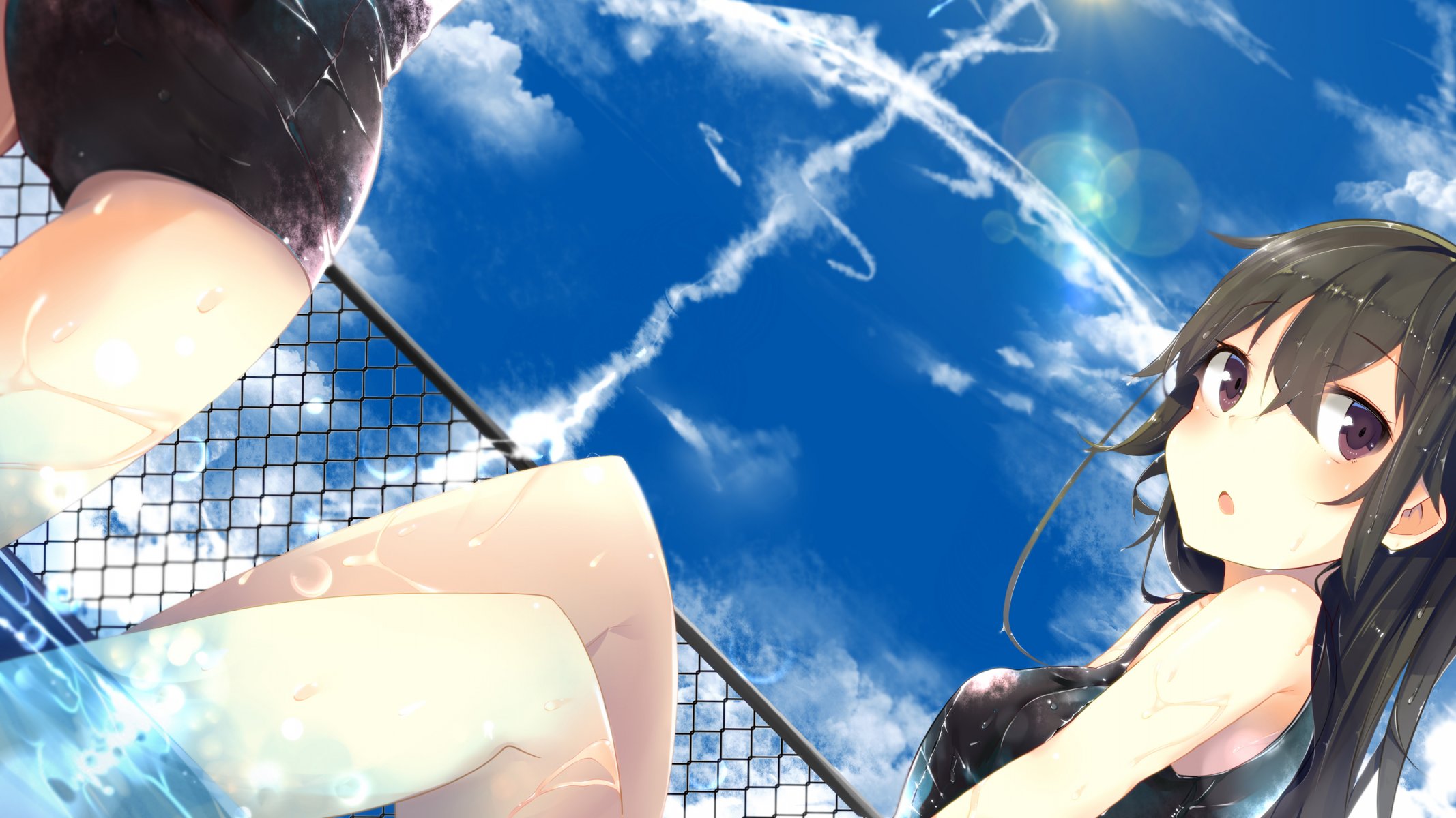 art nmaaaaa girl wet swimsuit pool anime sky cloud