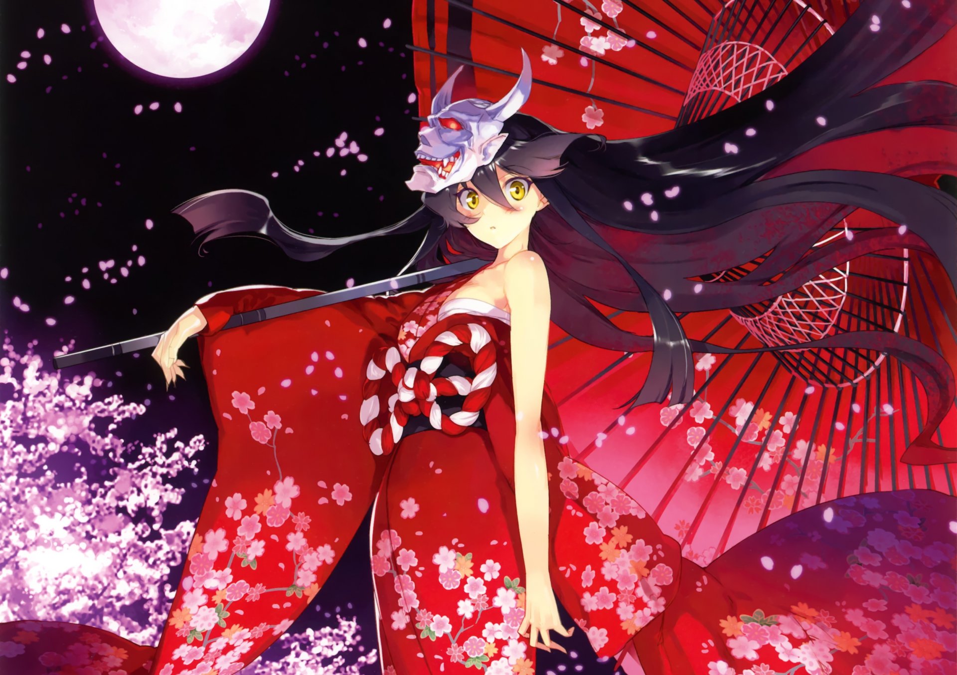 kunst ueda re anime hakumei teufel nachtdämon mädchen nacht kimono regenschirm maske blütenblätter sakura mond blumen