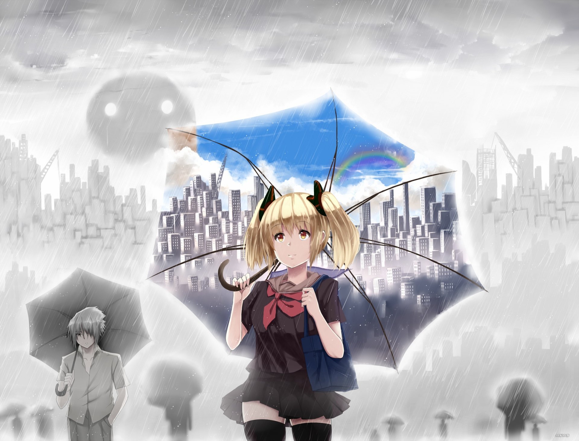 arte hewsack chica paraguas ciudad casa arco iris cielo nubes bolso chico lluvia gente colegiala anime