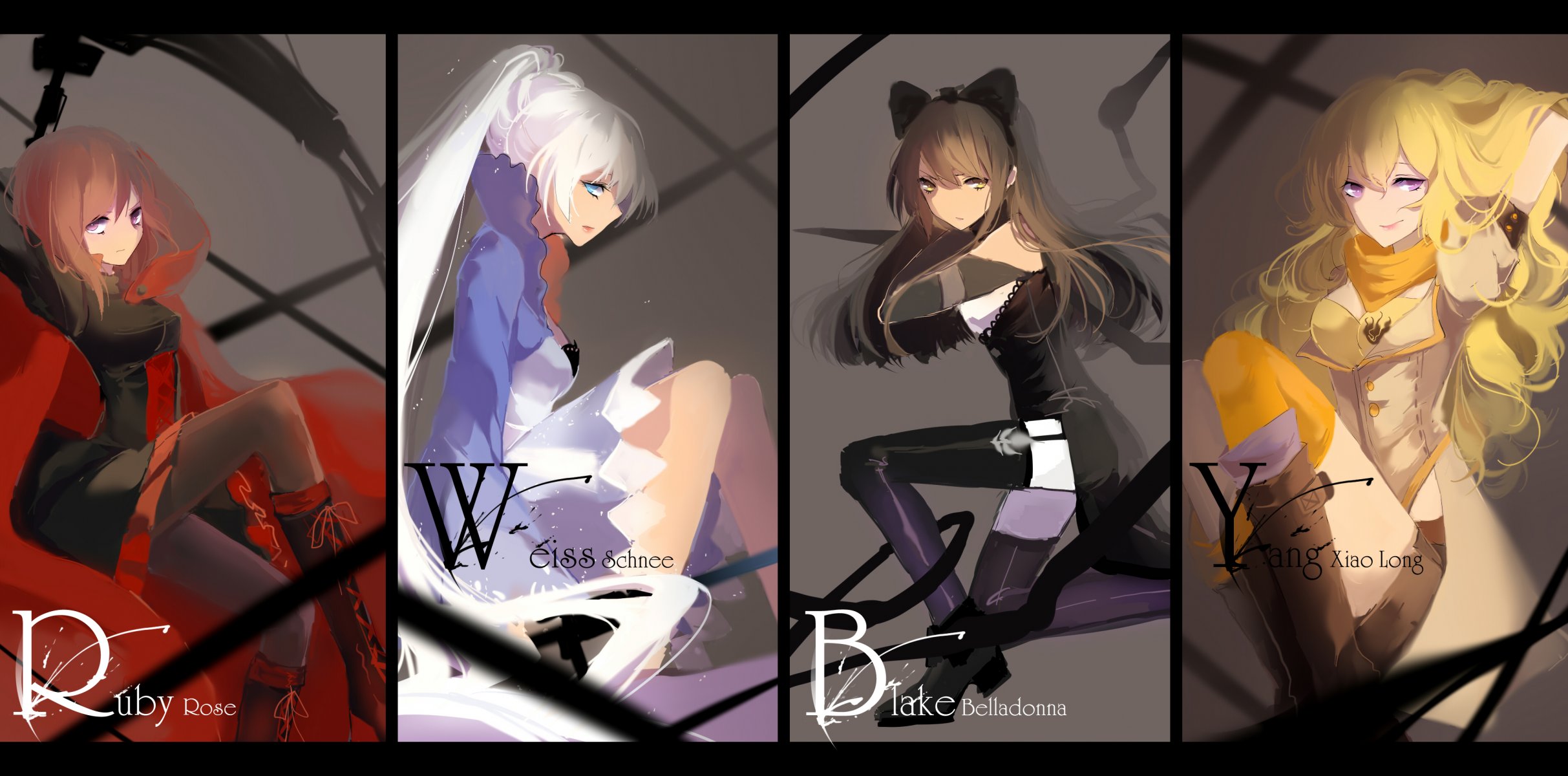 art prorok serca anime czerwony biały czarny żółty ruby rose weiss schnee blake belladonna yang xiao długo dziewczyny broń warkocz łuk