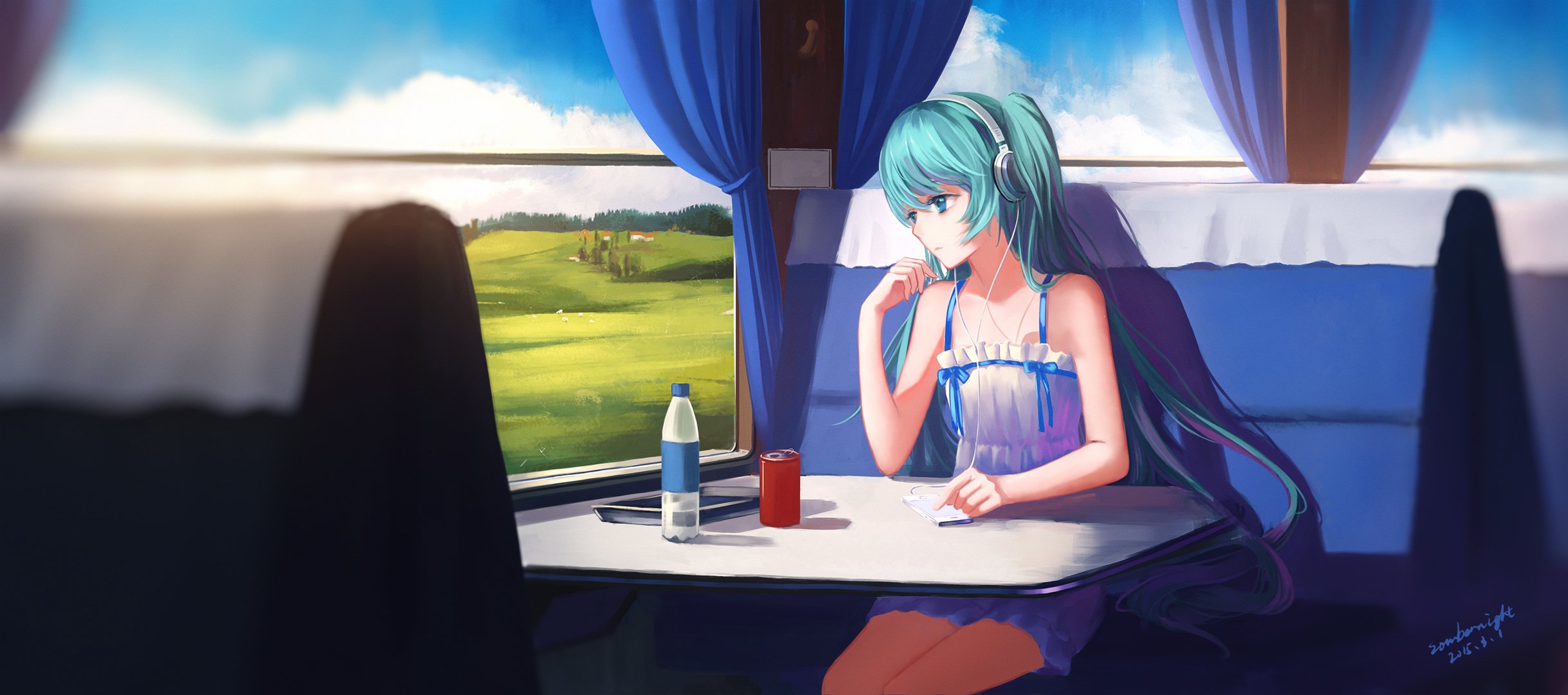 arte sombrernight hatsune miku tren vocaloid chica auriculares paisaje anime teléfono agua