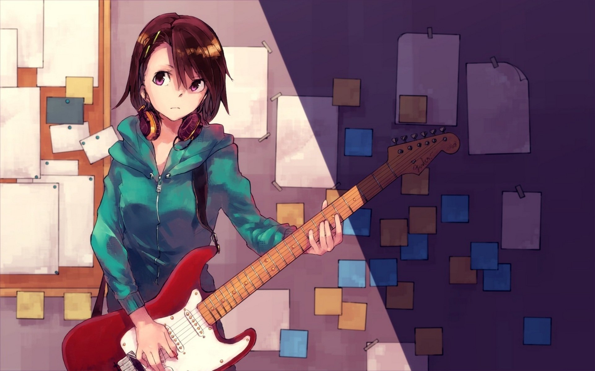 kunst hitomai mädchen gitarre wand papier anime