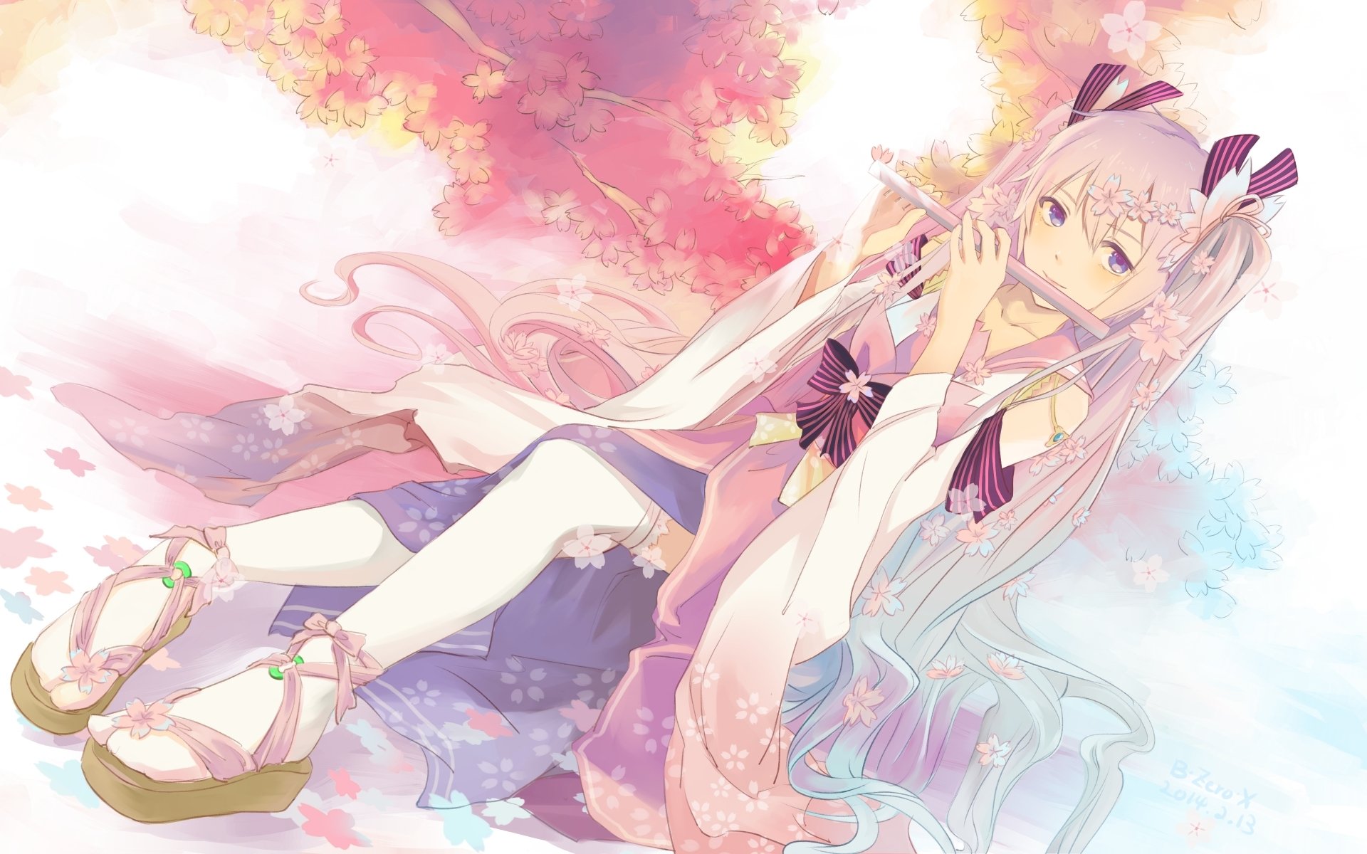 art zerox vocaloid hatsune miku dziewczyna drzewo sakura płatki kimono