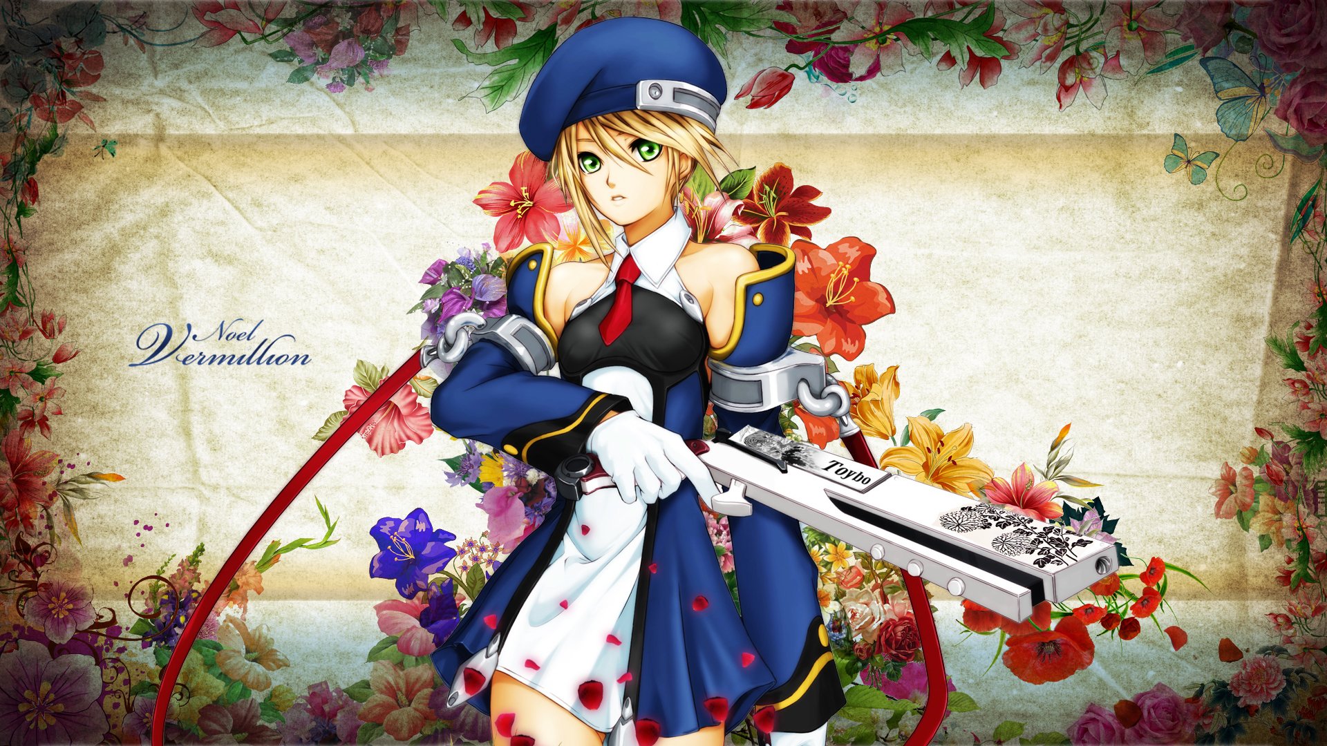 arte toyboj blazblue noel escarlata chica armas fondo patrón flores pétalos