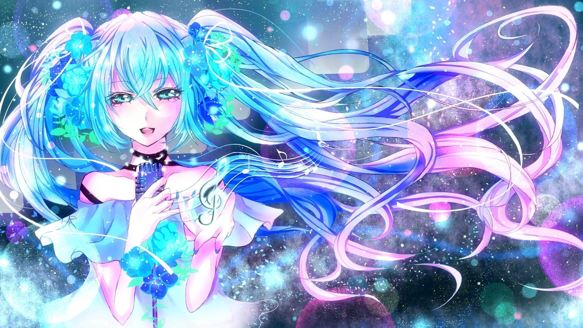 miku fille chante cheveux bleus