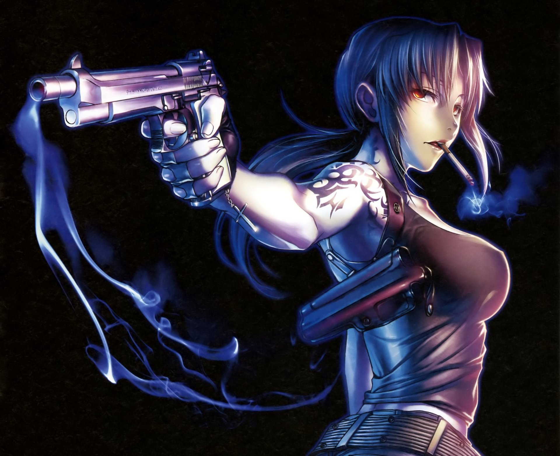 art hiroe rey anime black lagoon revy pirates de black lagoon fille fumée cigarette pistolet tatouage