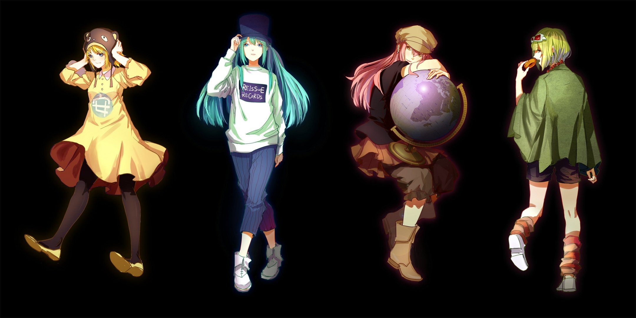 art kirayoci vocaloid gumi hatsune miku kagamine rin megurine luka girls bagel hole hat globe earth vocaloid donut glasse