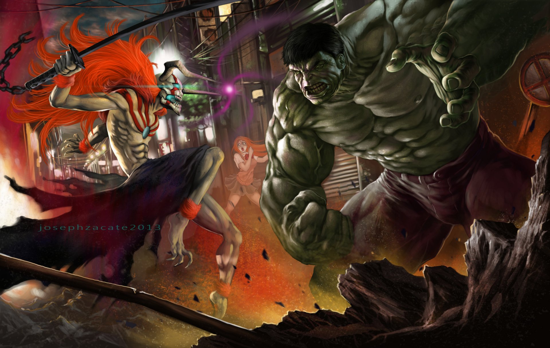 arte mal d orecchi-j ragazzi ichigo kurosaki hulk ragazza inoue orihime rabbia sorpresa armi magia città distruzione notte ichigo vs hulk candeggina candeggina