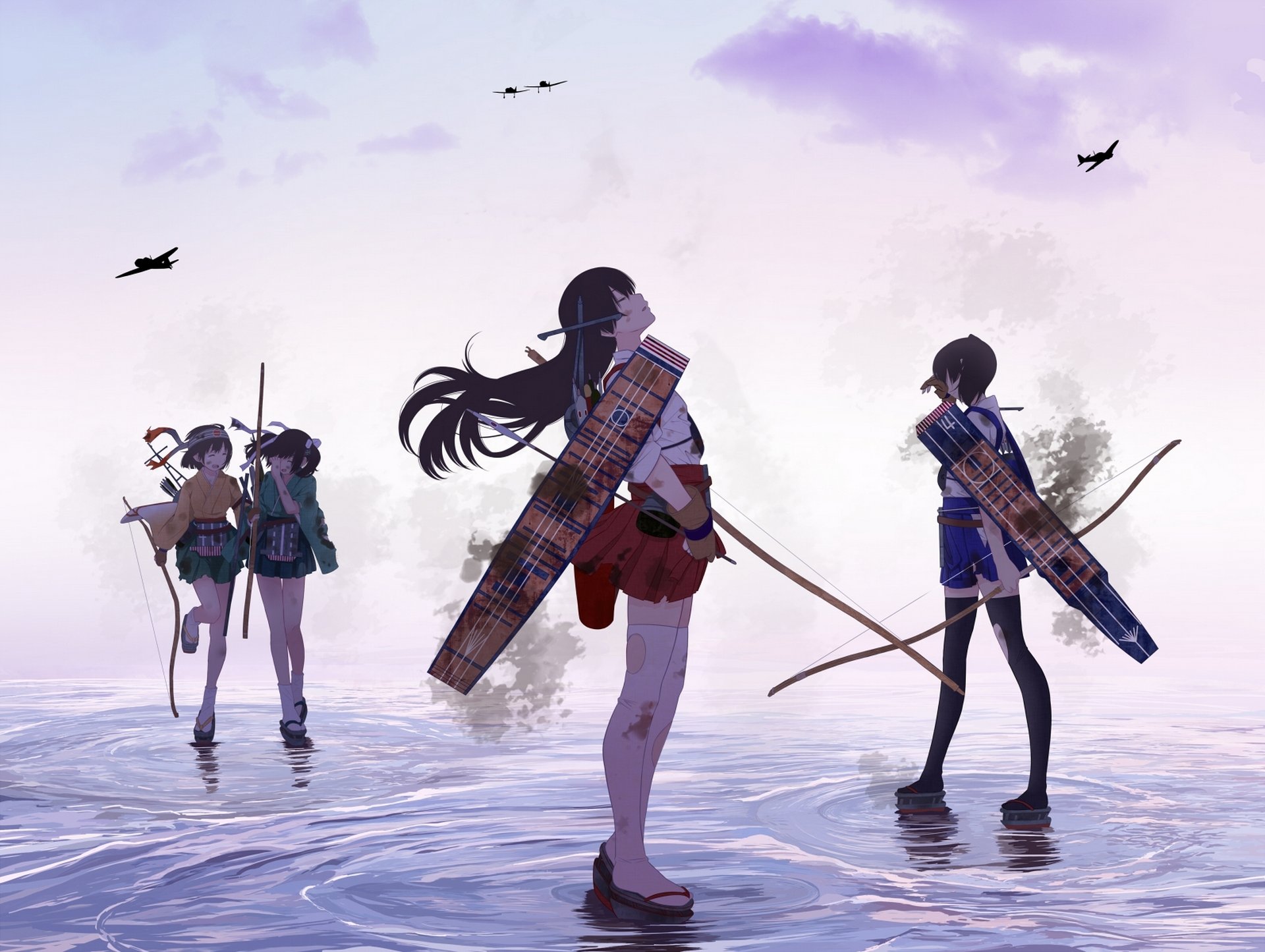 art tsukumo kantai collection akagi hiryuu kaga souryuu girls water torment boom weapon planes anime