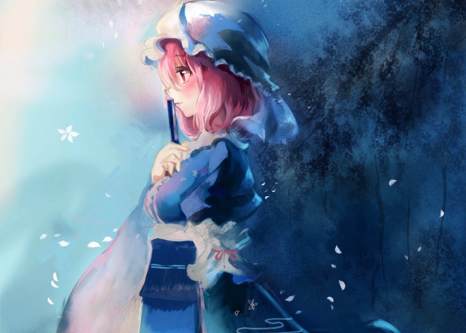 art ayaya touhou saigyouji yuyuko girl fan cap kimono flower petals sakura