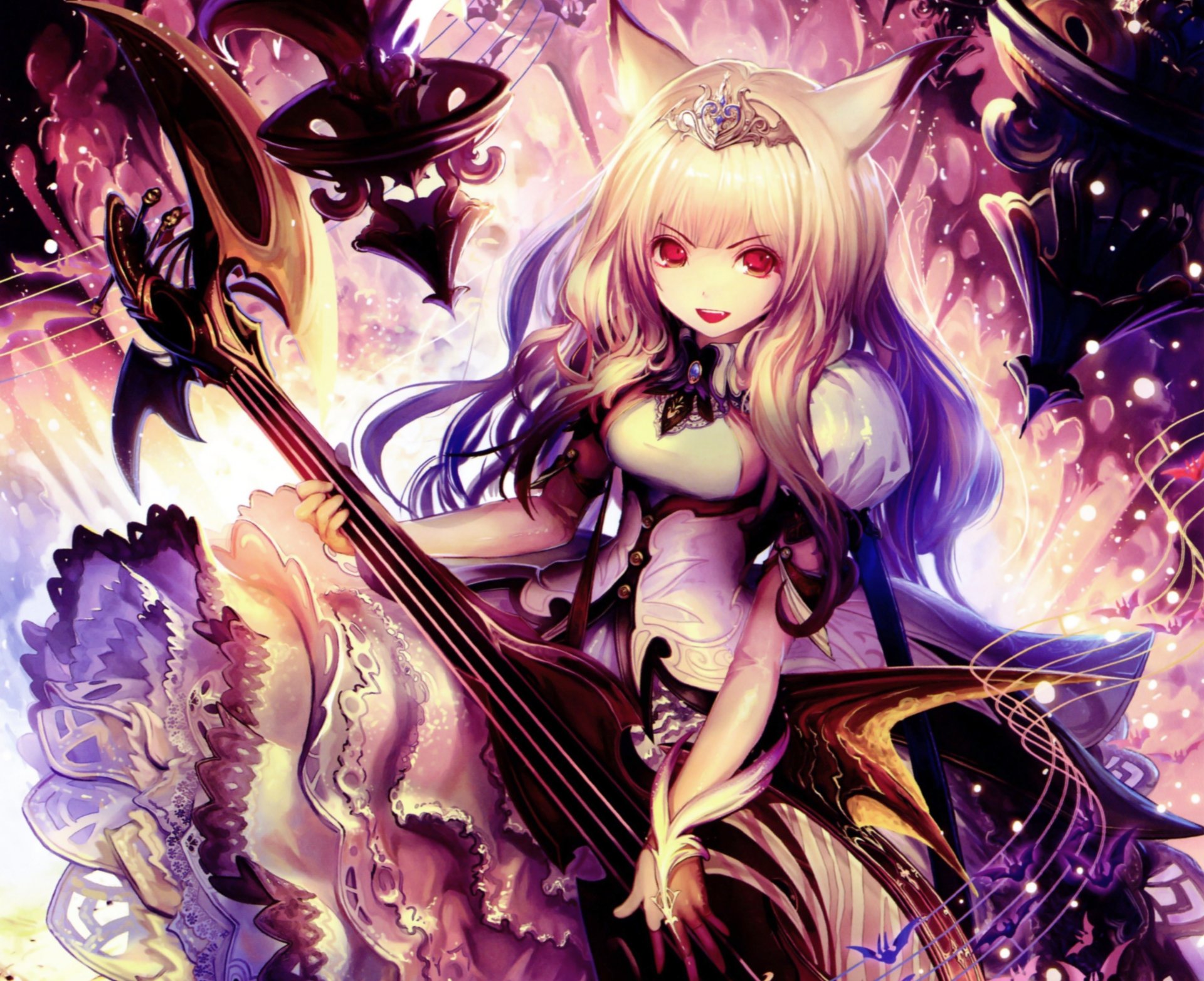 art tachikawa mushimaro bimo anime nie shingeki nie bahamut dziewczyna uszy nietoperz nuty instrument muzyczny