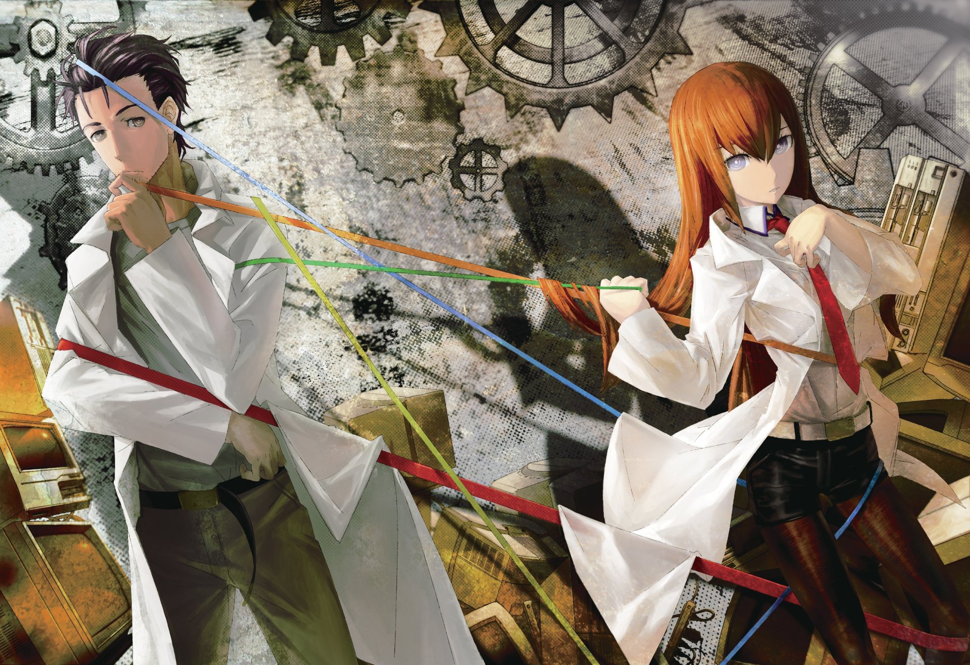 arte huke anime tazze; cancello cancello di stein makise kurisu okabe rintarou ragazza ragazzo accappatoio cravatta filo