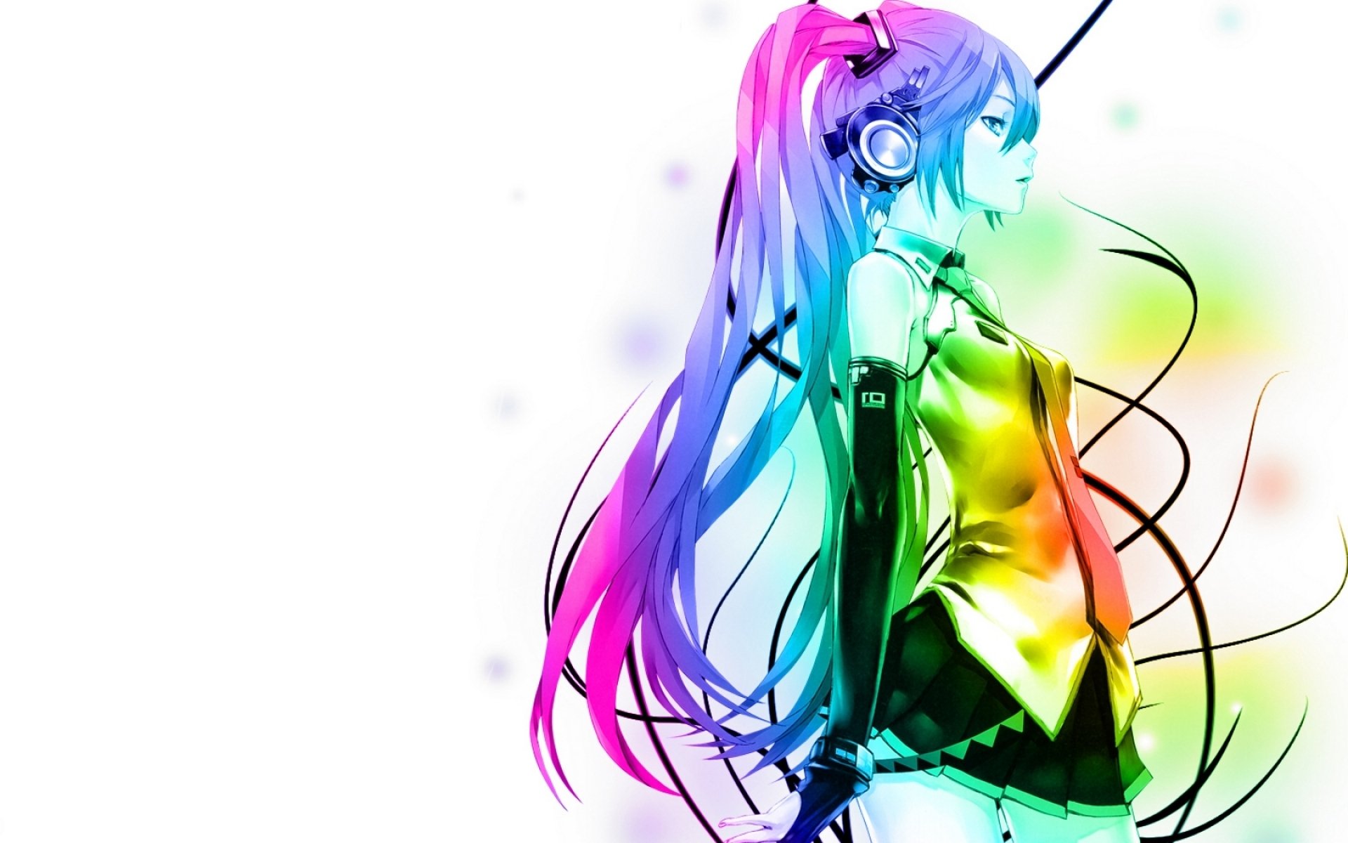 art hatsune miku vocaloid dziewczyna profil białe tło spektrum kolory słuchawki