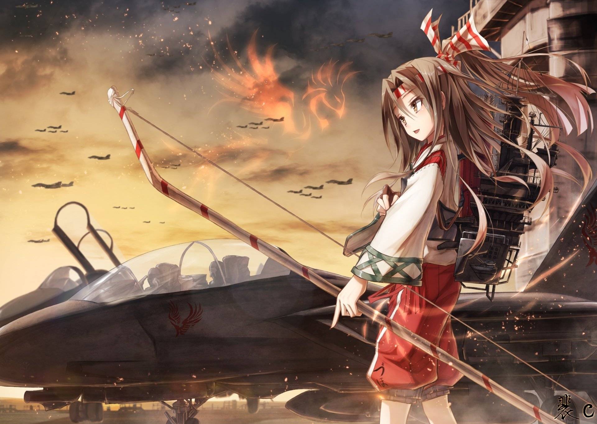 art boyogo kantai collection zuihou girl torment weapon planes sky clouds magic boom anime