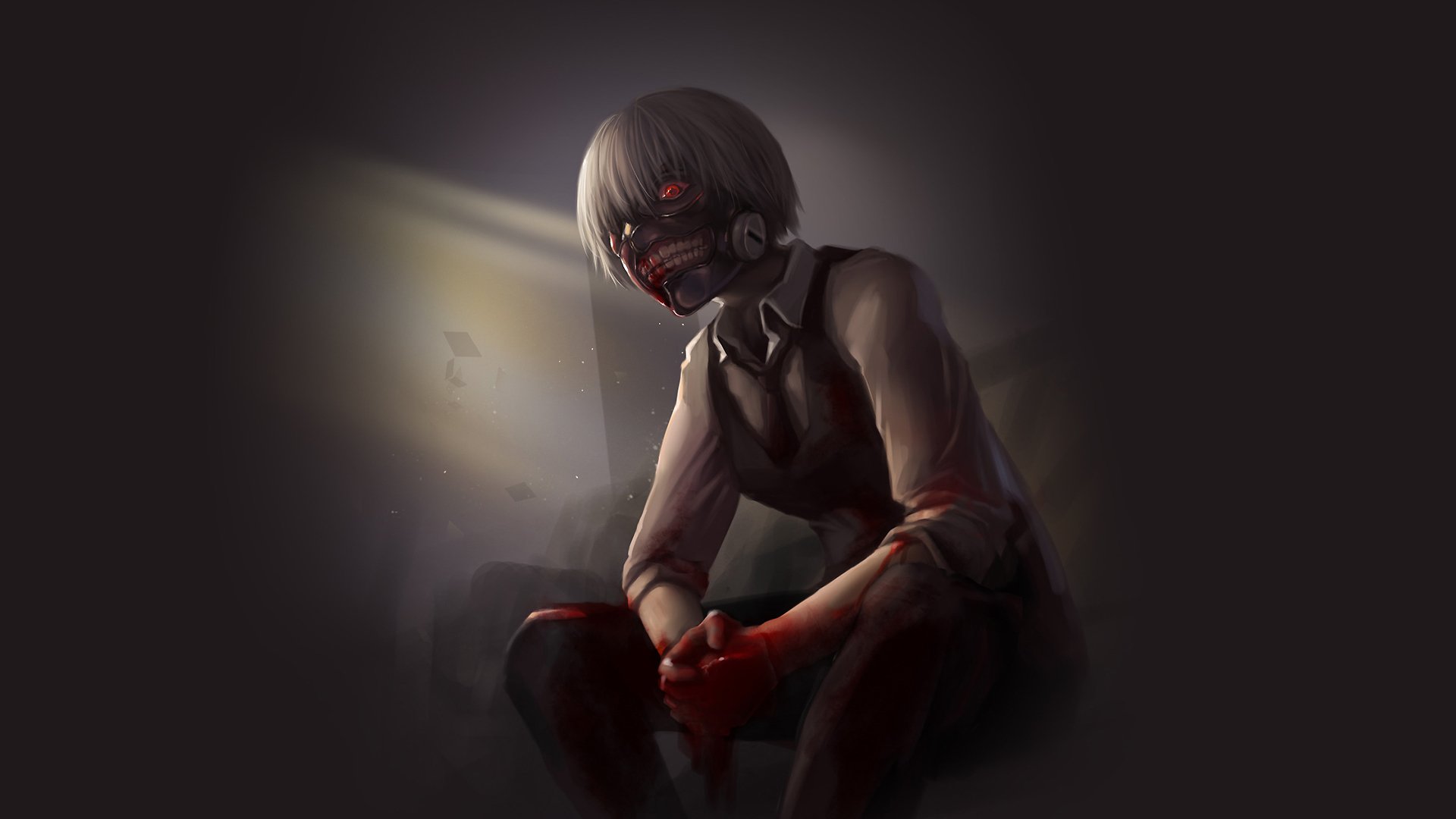 tokio ghul tokyo ghoul kaneki ken kaneki ken spojrzenie maska czerwone oko białe włosy krew anime