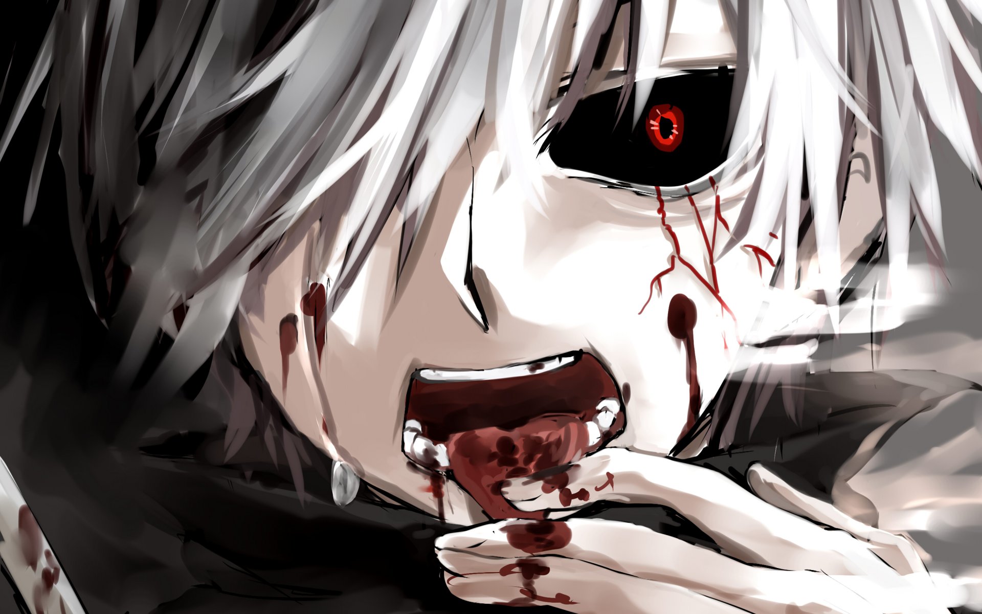 tokyo ghoul tokyo ghoul kaneki ken kaneki ken czerwone oko białe włosy anime sztuka sztuka