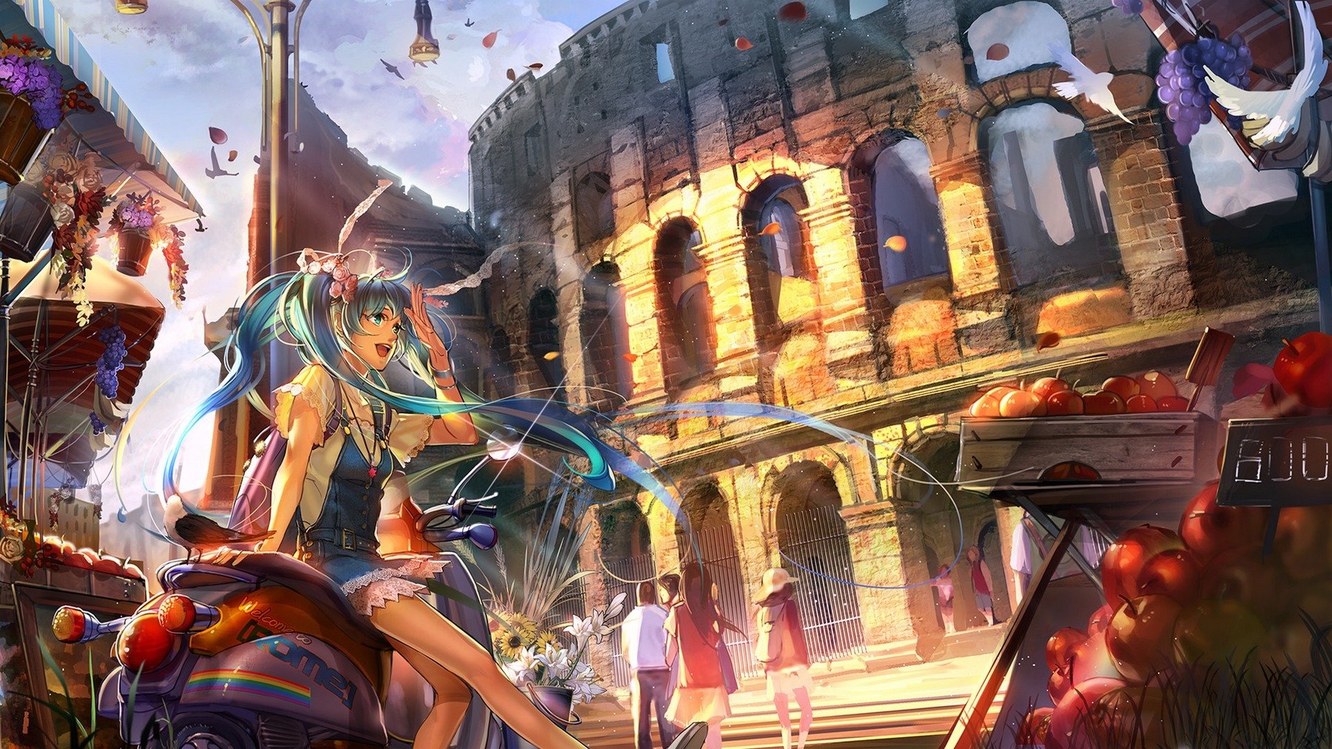 art liduke vocaloid hatsune miku girl people city fruits apples vocaloid flowers grapes petals birds colosseum rome italy