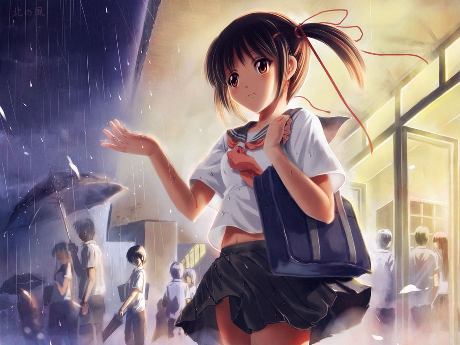 art kantarou 01 fille écoliers pluie parapluie école uniforme anime