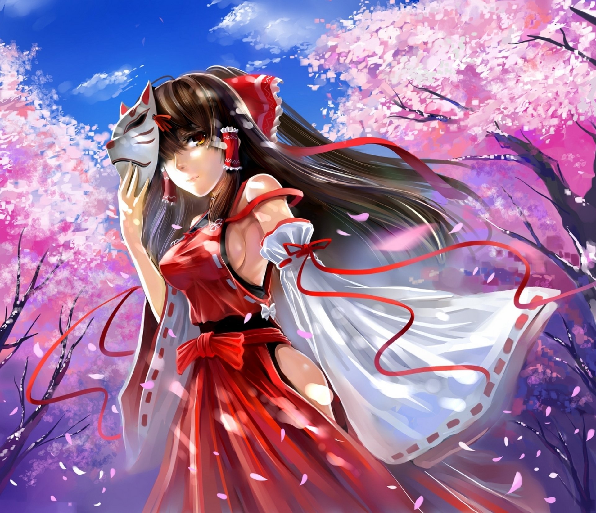 art windtalker touhou hakurei reimu dziewczyna maska drzewa sakura płatki