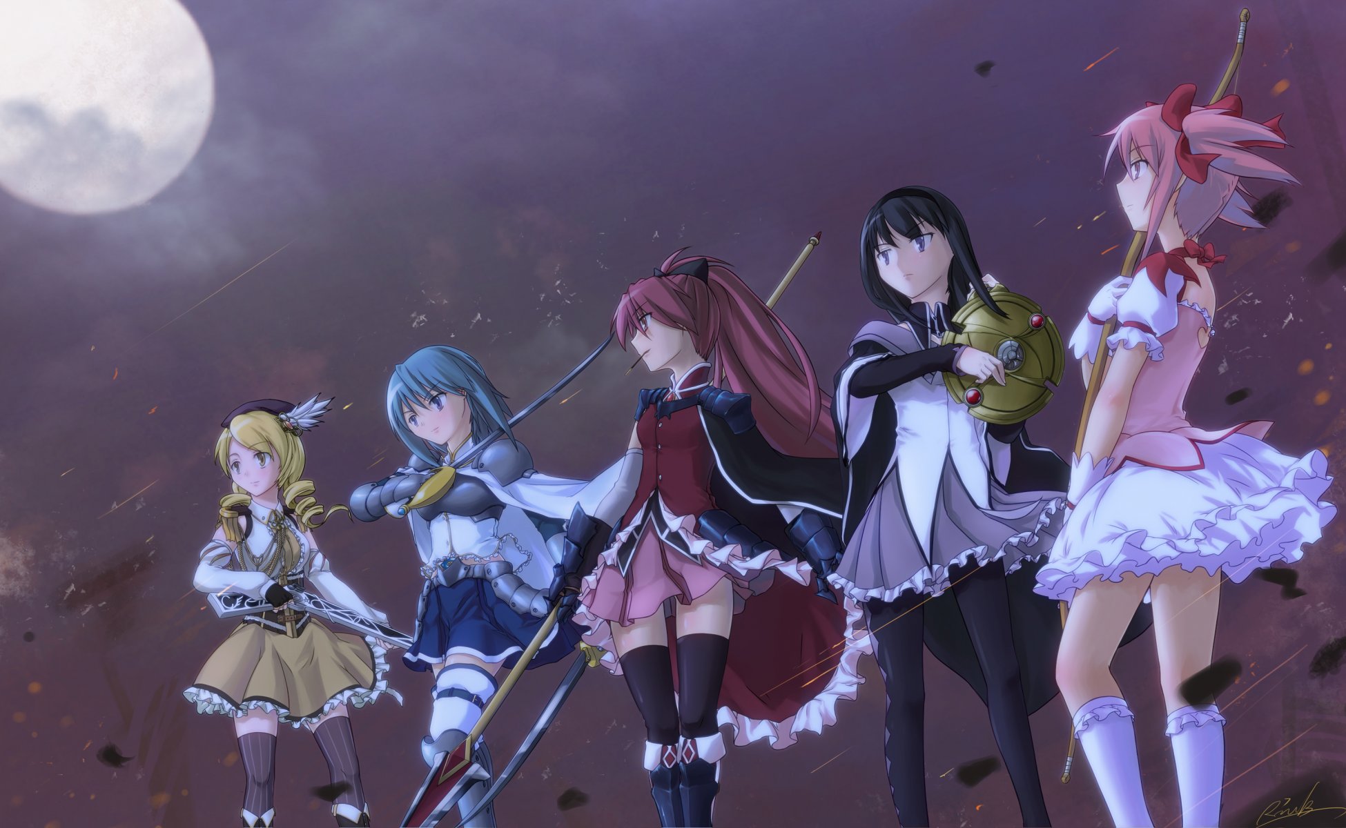 art rinkzea anime madoka czarodziejka mahou shoujo madoka magica akemi homura kaname madoka tomoe mami sakura kyouko miki sayaka dziewczyny noc księżyc kapelusz łuk miecz broń