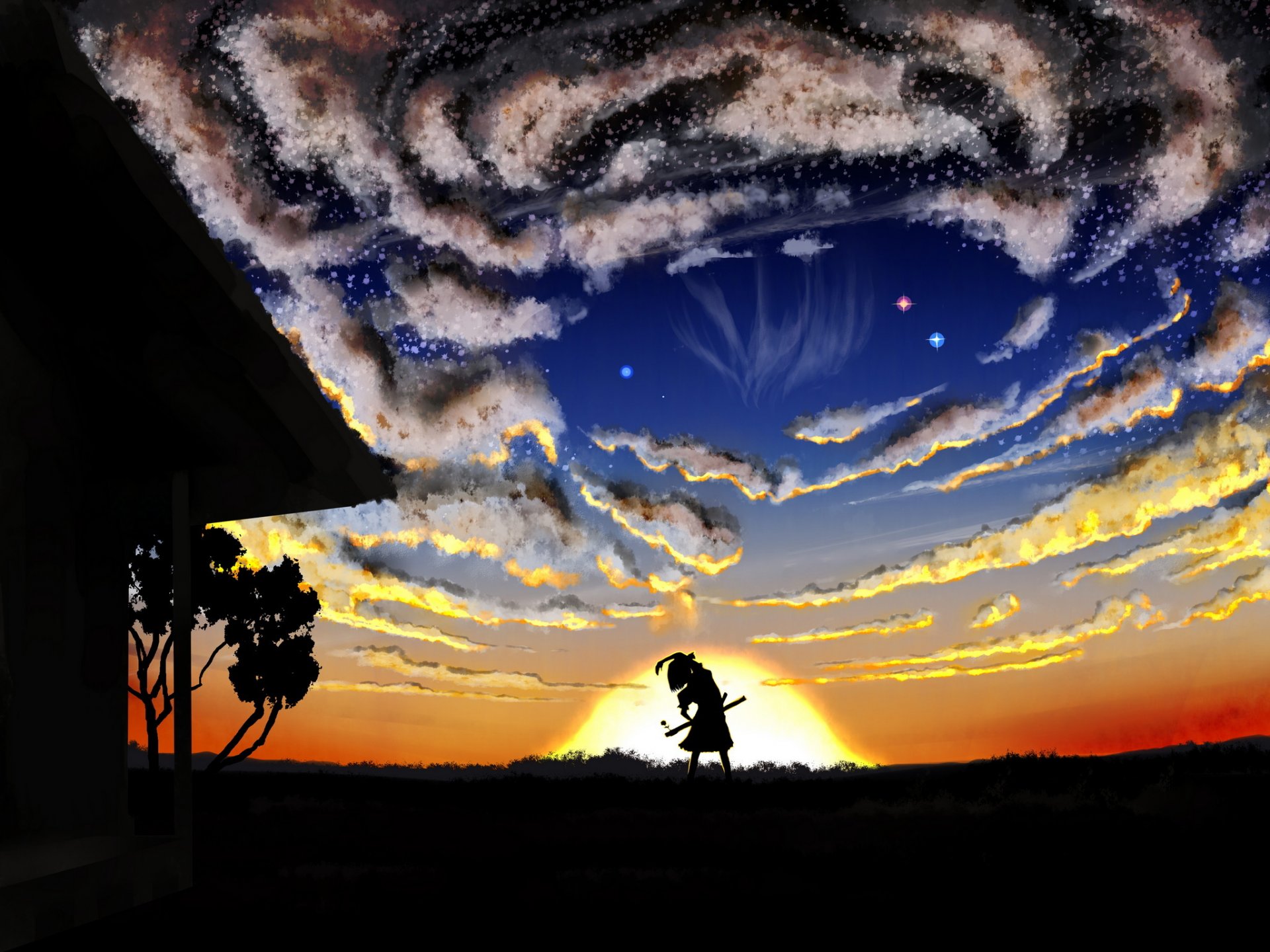 art touhou konpaku youmu girl anime sunset house sun clouds sky nature sword tree star