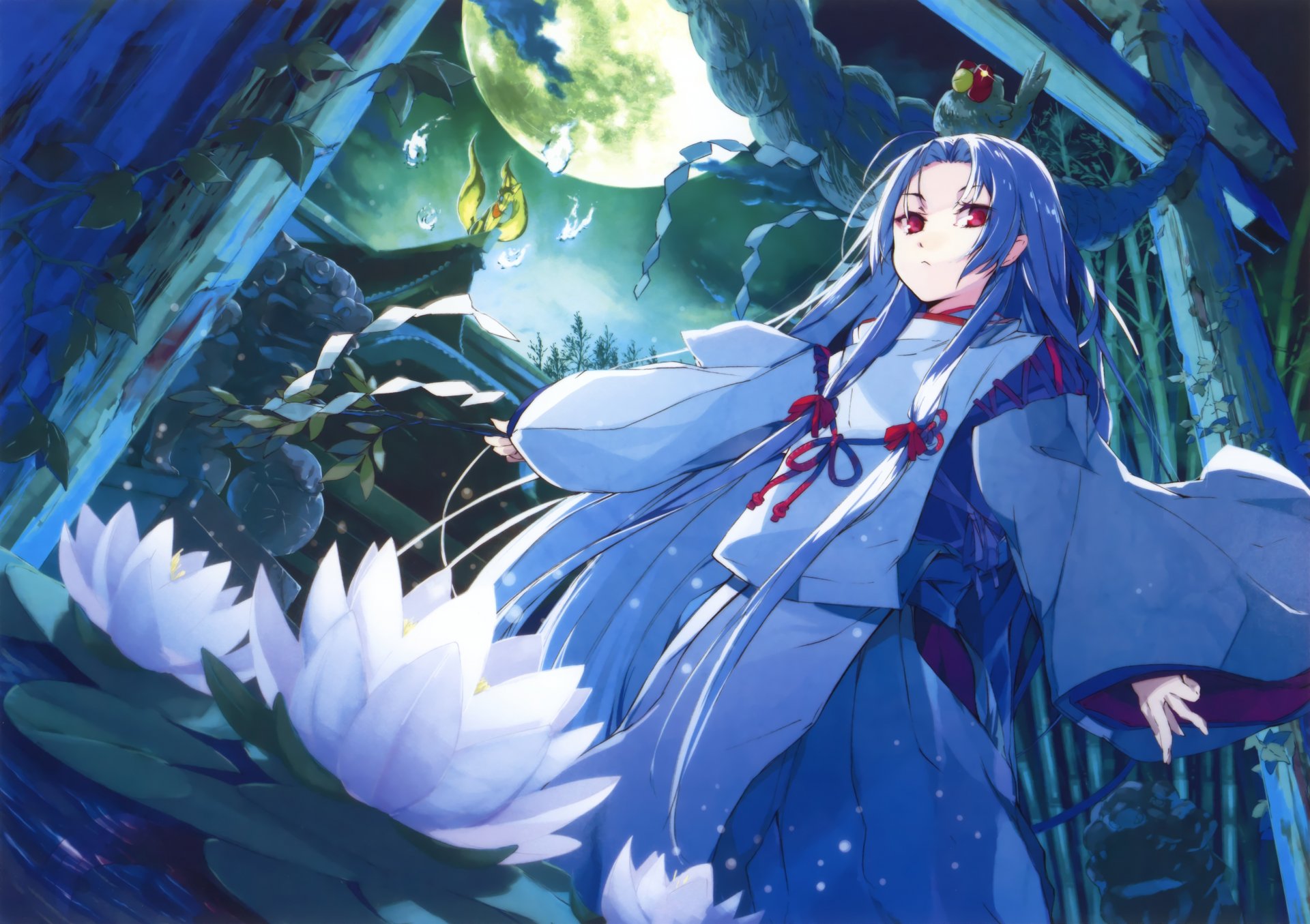 art g yuusuke girl night moon flower water lake fox animals anime rope poultry clouds sky