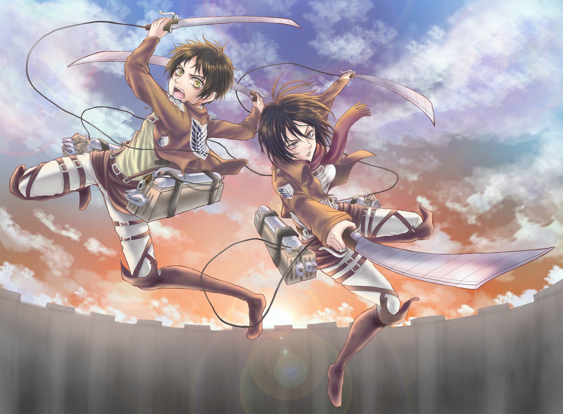 art girl mikasa ackerman guy eren jaeger view anger indifference flight blade men wall sunset shingeki no kyojin