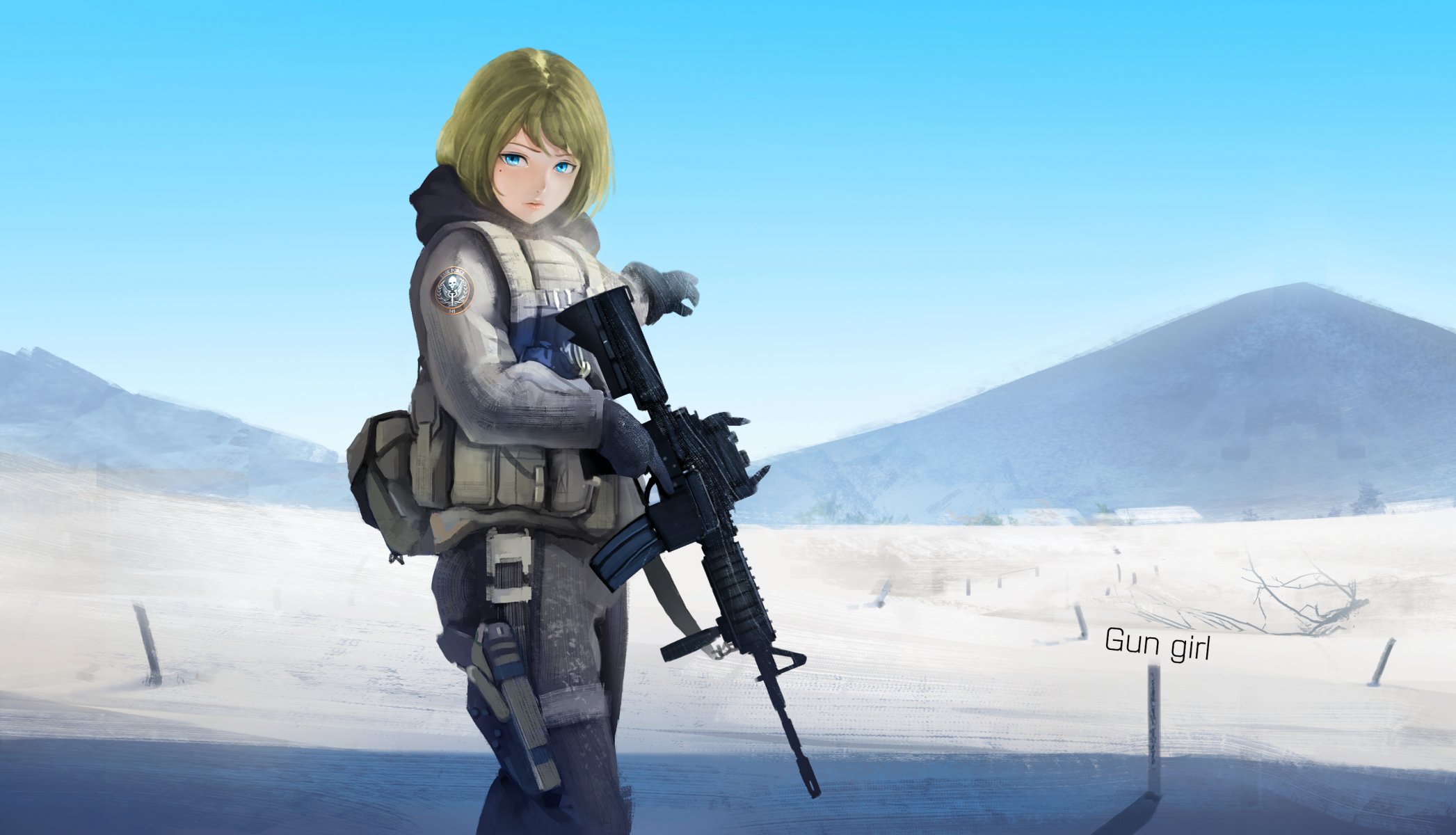 arte pantsu shinshi chica armas montañas desierto soldado anime