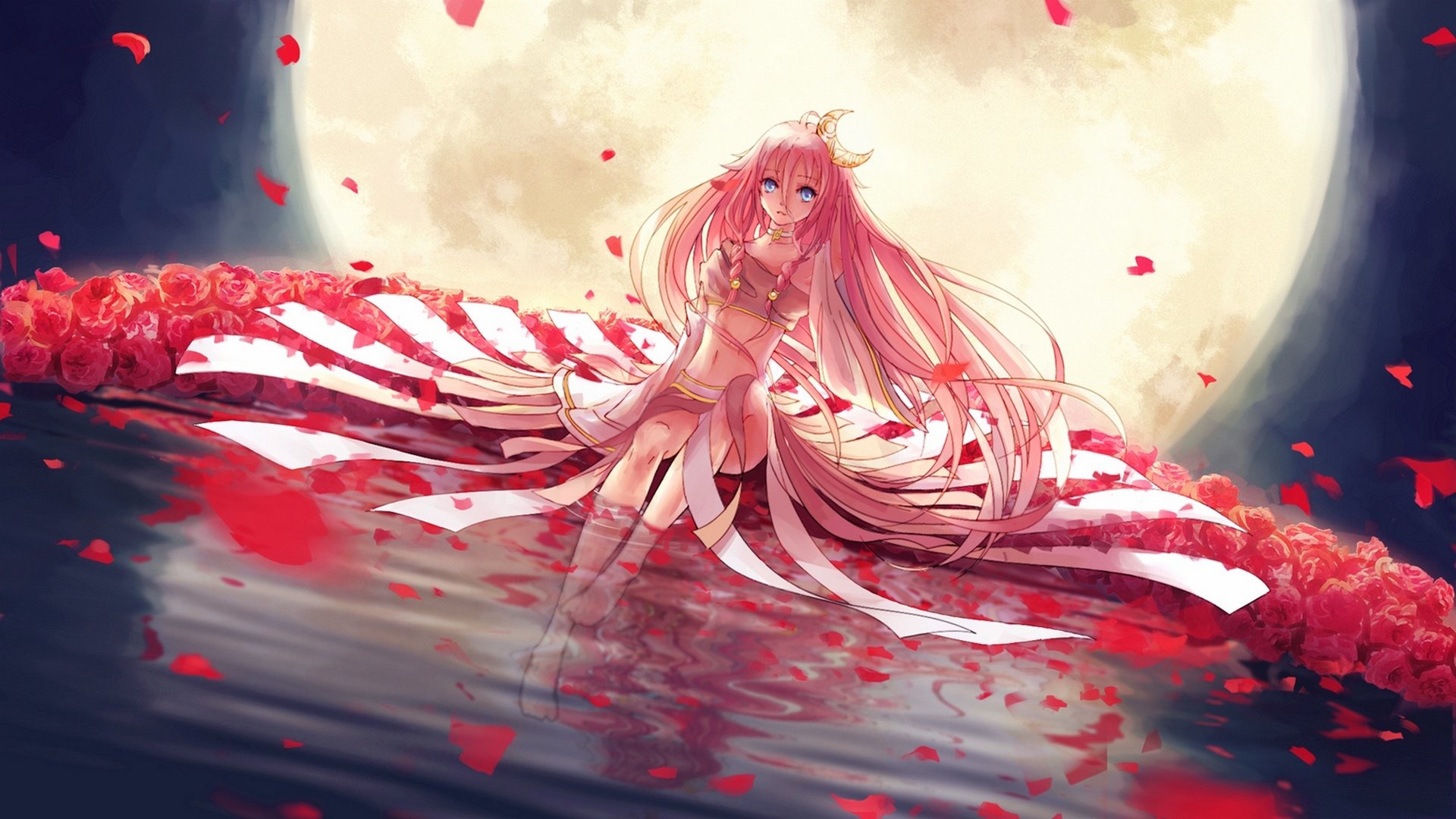 arte l-kun vocaloid ia ragazza luna petali acqua fiori rose mese riflessione notte