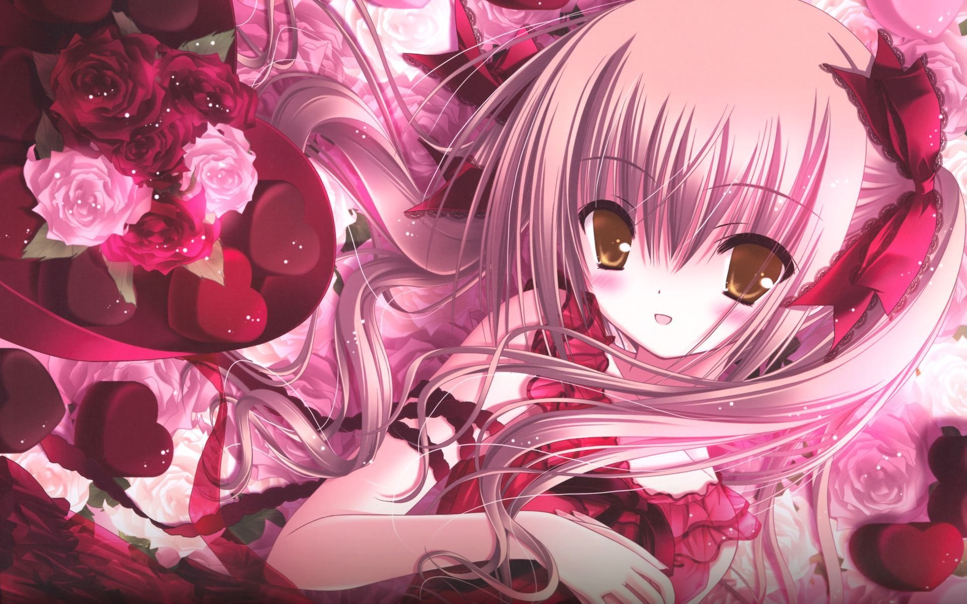 anime girl roses hair smile eyes bow candy