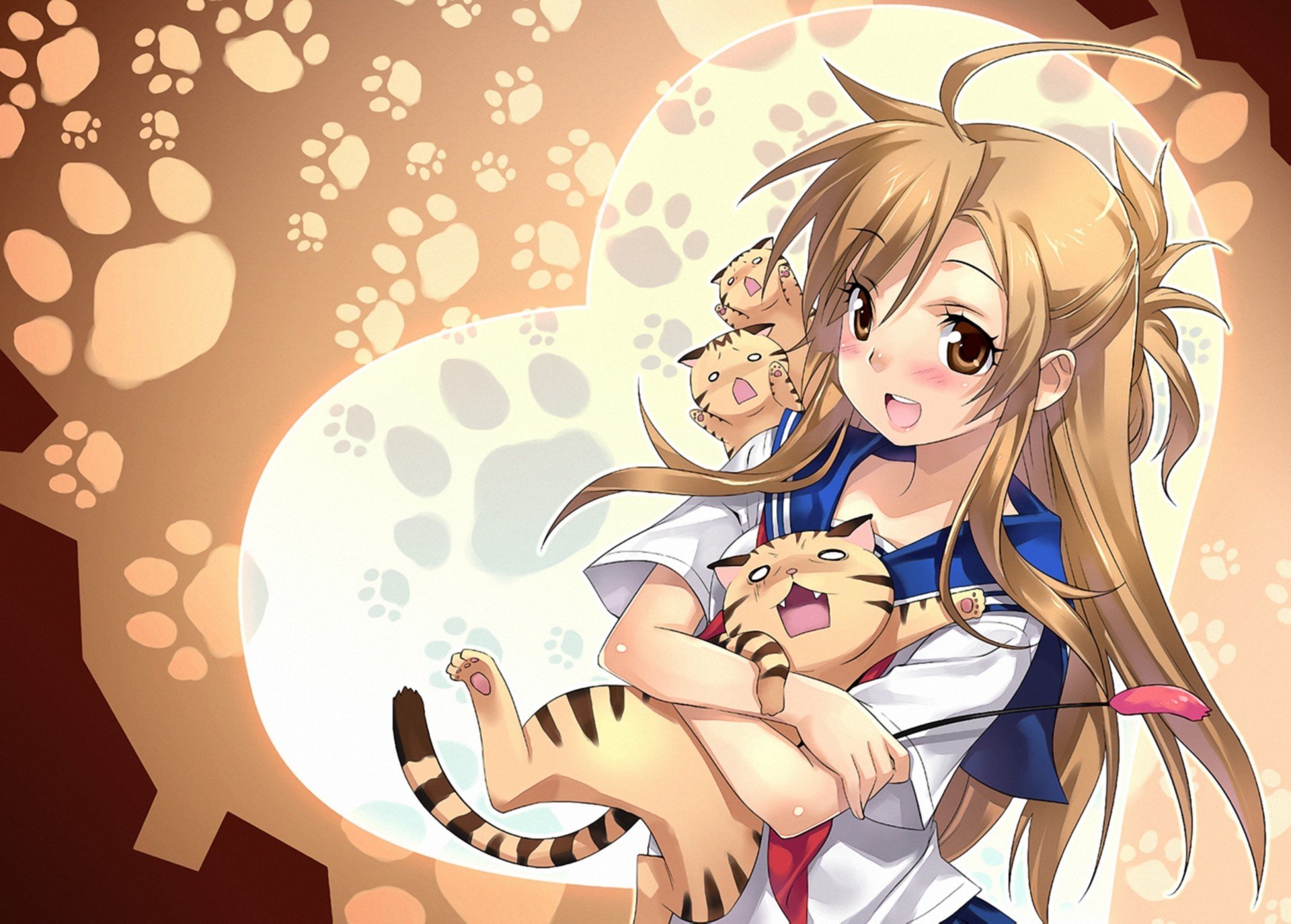 nyan koi mizuno kaede mädchen katzen arm hintergrund fußabdrücke umarmen