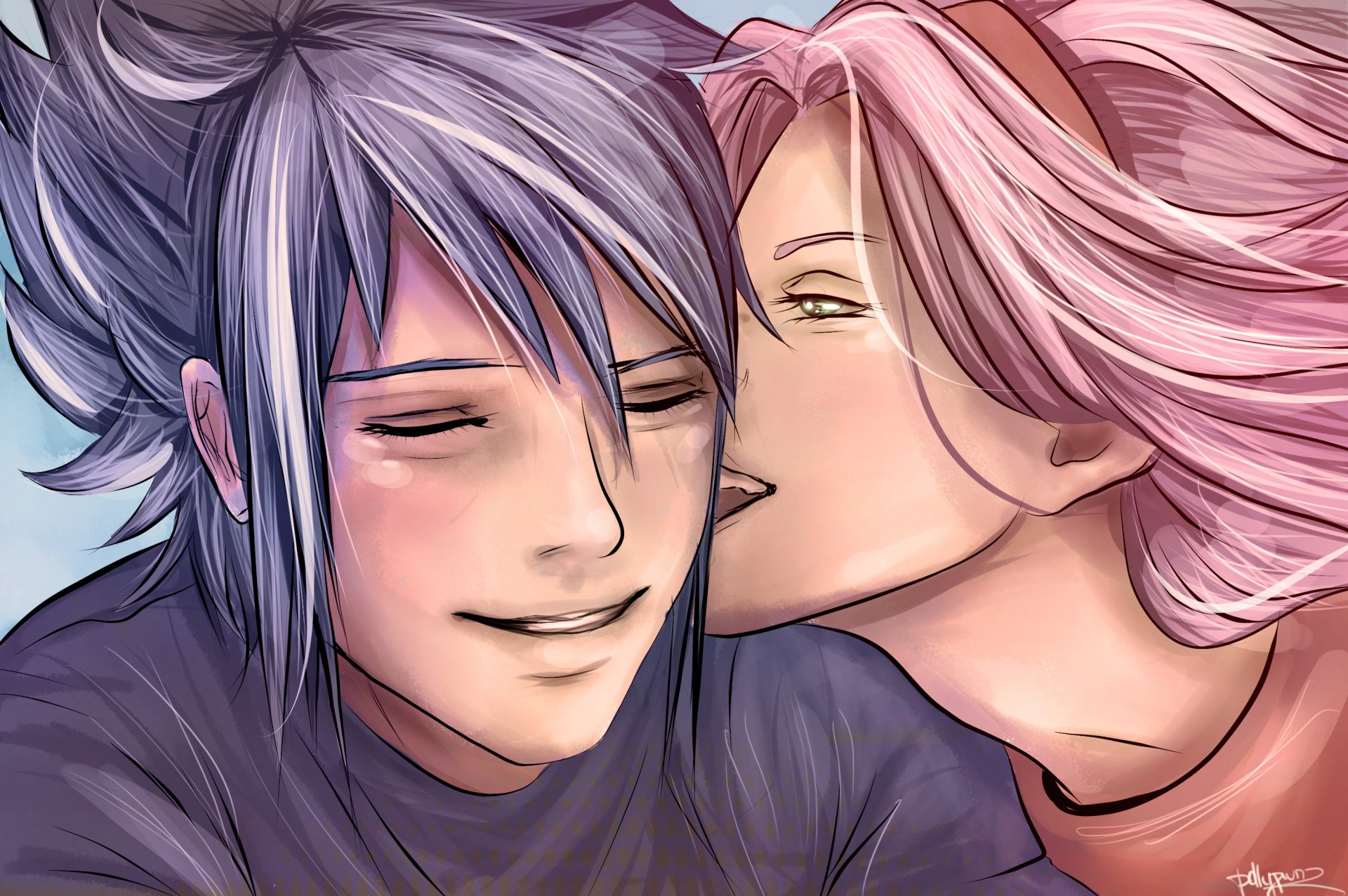 art pollypwnz guy uchiha sasuke girl haruno sakura mood happiness kiss love naruto