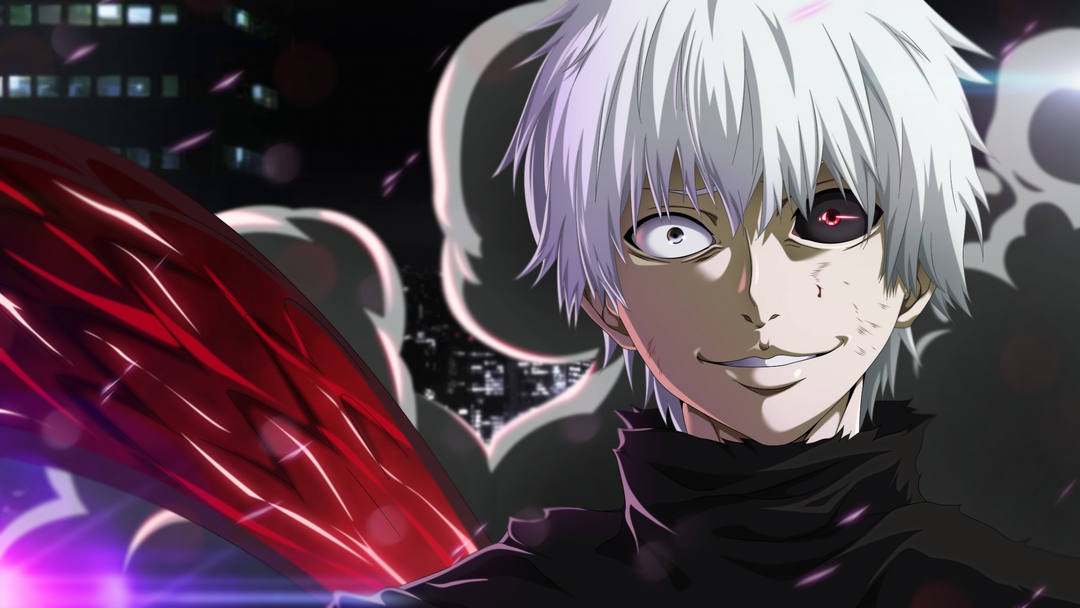 guy regard visage yeux cheveux blancs sourire ken kaneki tokyo ghoul