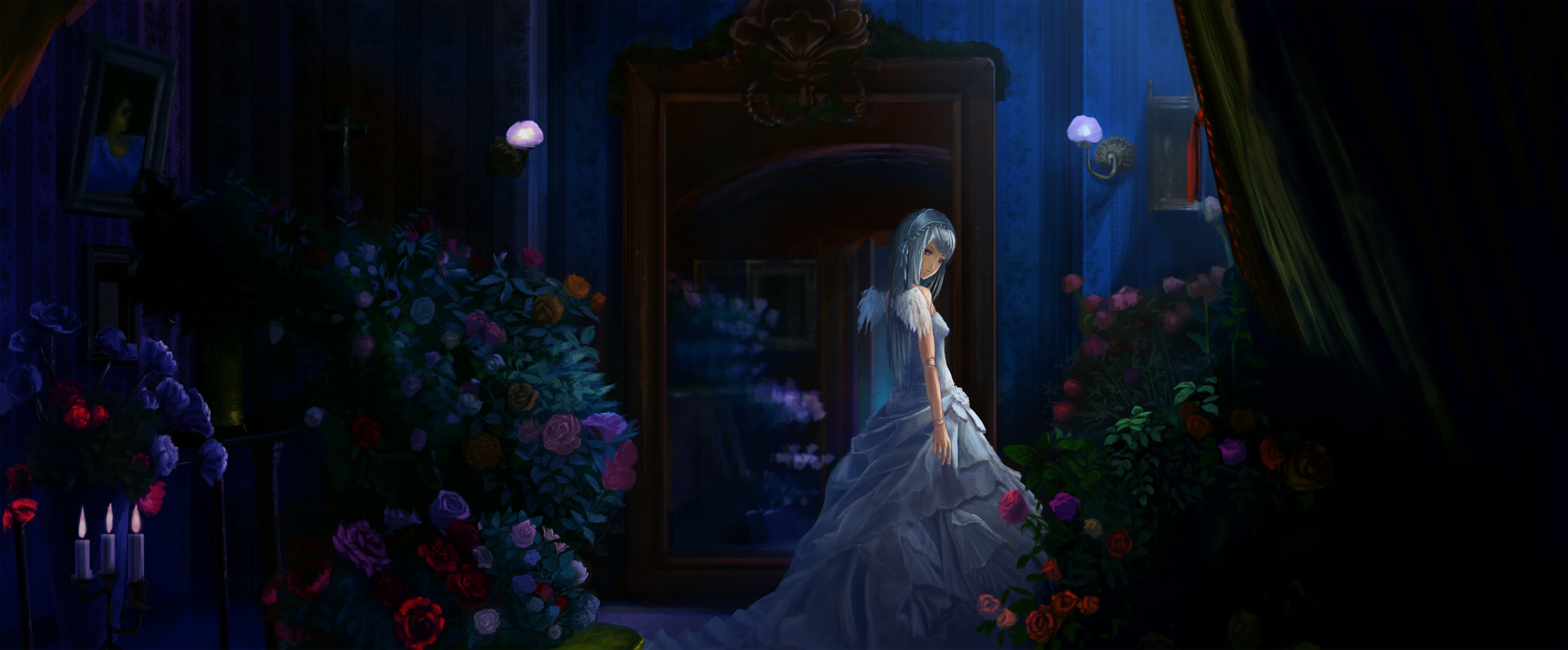 arte akibakeisena rozen maiden suigintou chica vestido habitación flores ramos alas noche aparador velas