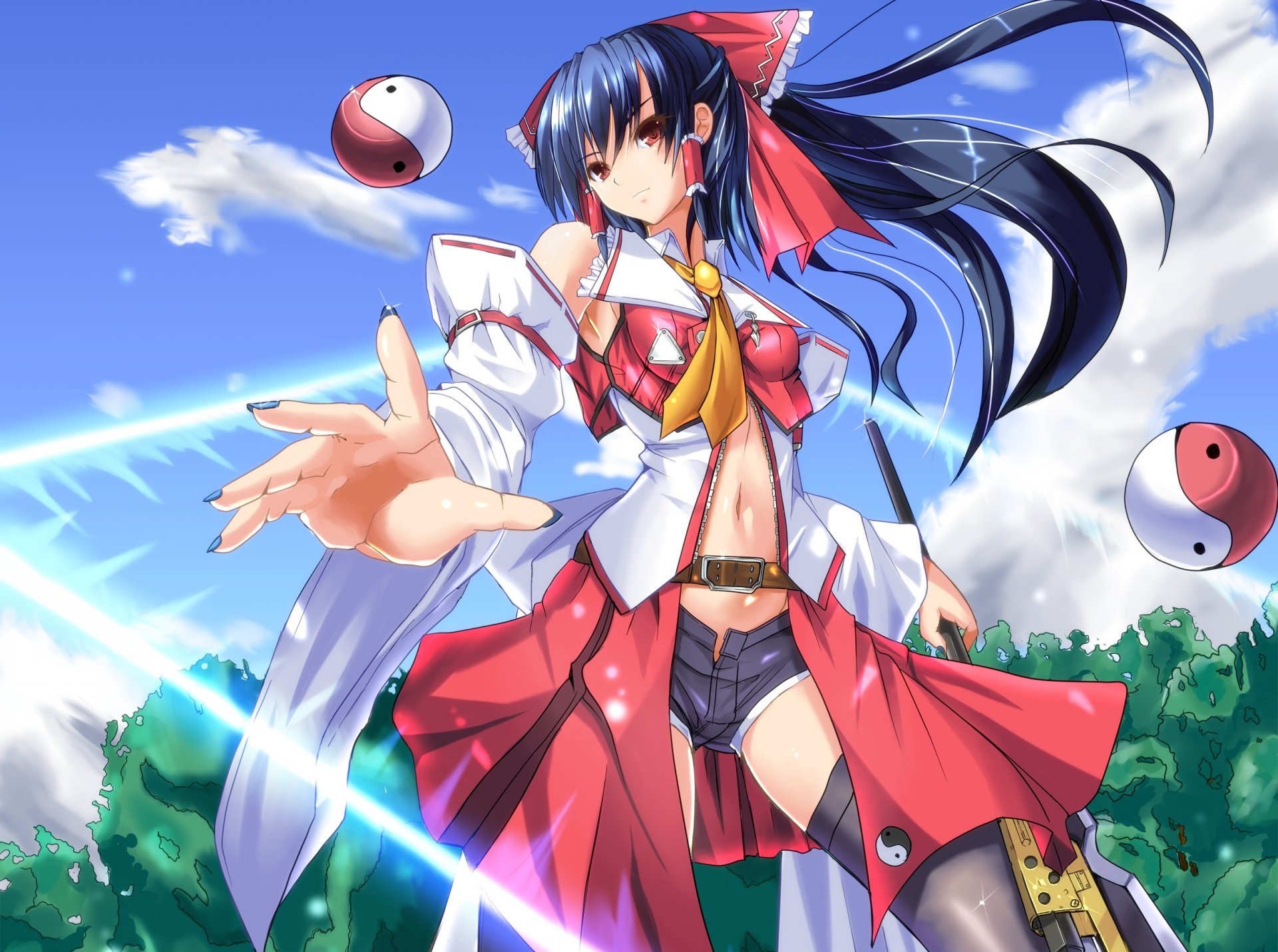 art luna touhou hakurei reimu girl magic tree sky clouds sword weapon yin yang