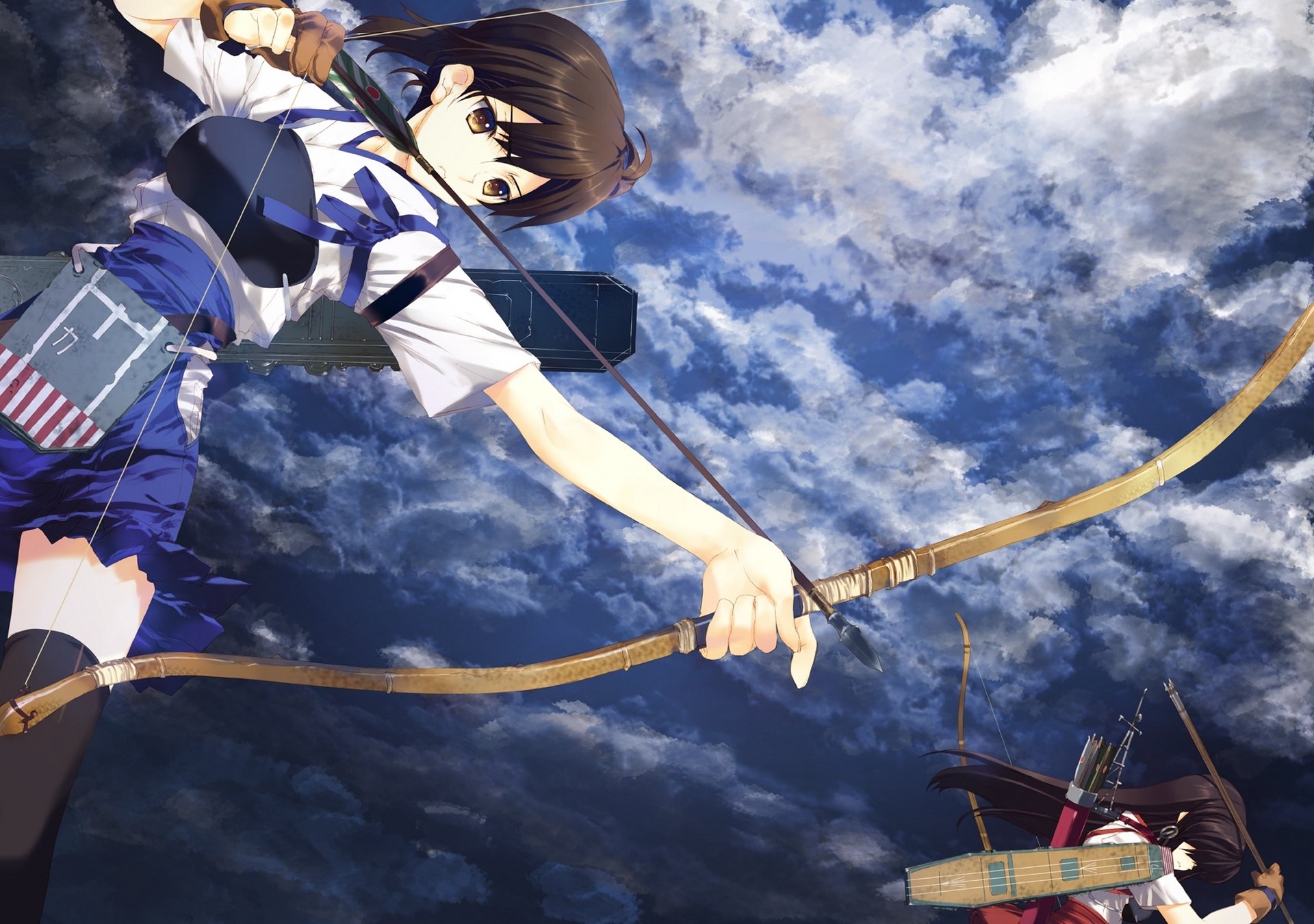 kunst nakamura takeshi kantai collection akagi kaga. mädchen bogen waffe pfeile himmel wolken anime